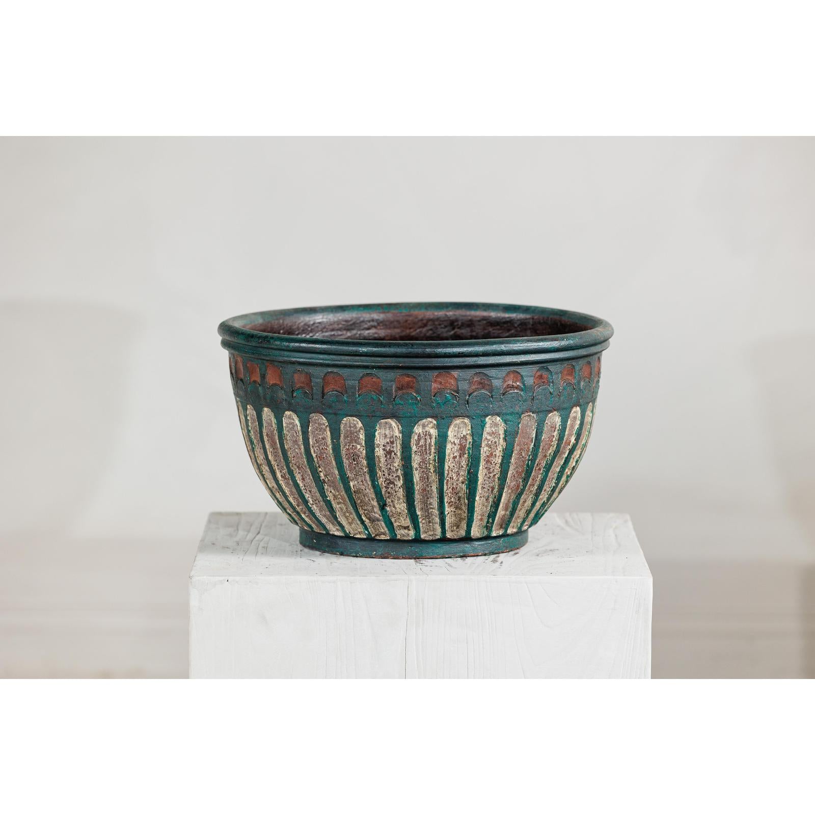 Vintage Emerald-Green Terracotta Planter with Carved Motifs - image 5