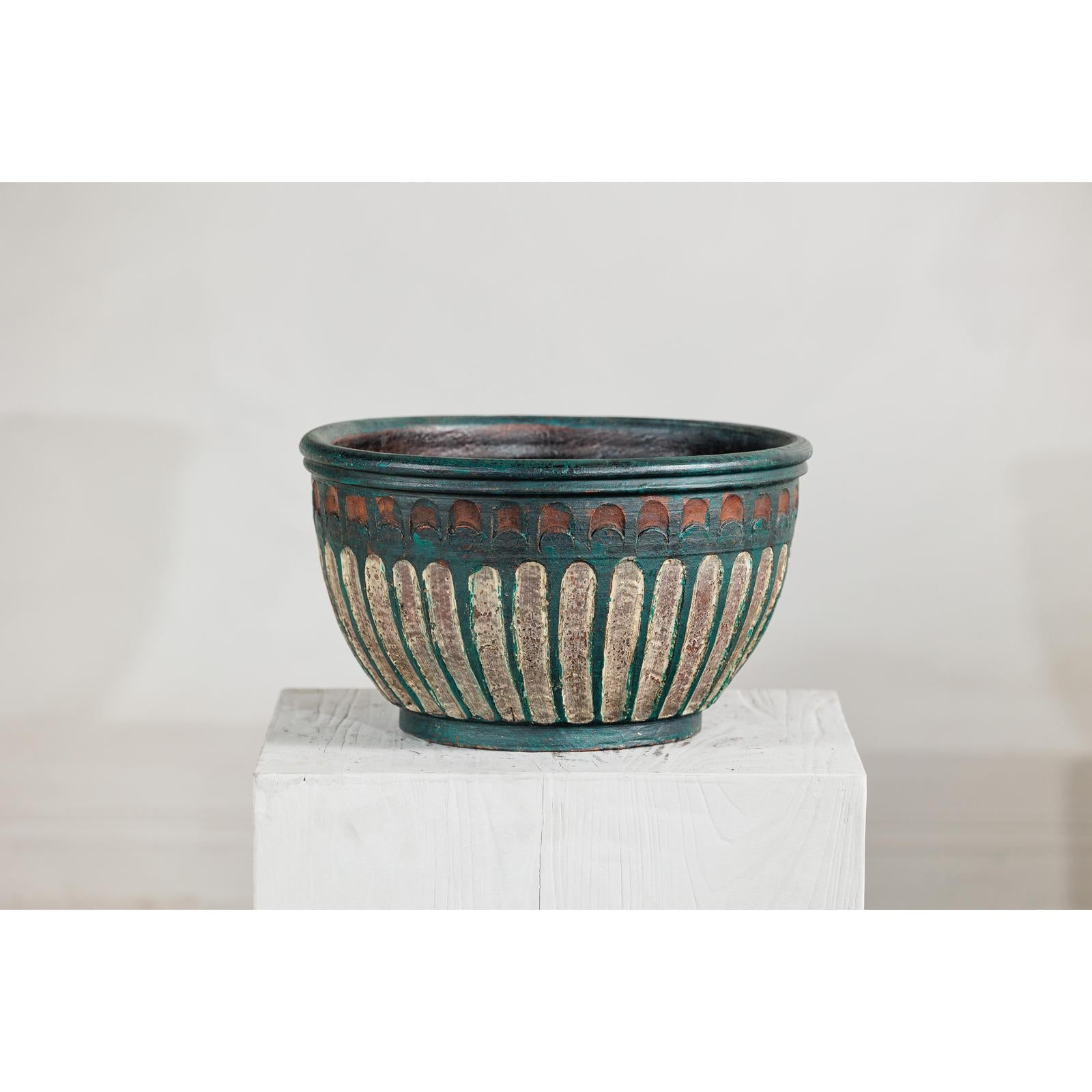 Vintage Emerald-Green Terracotta Planter with Carved Motifs - image 6
