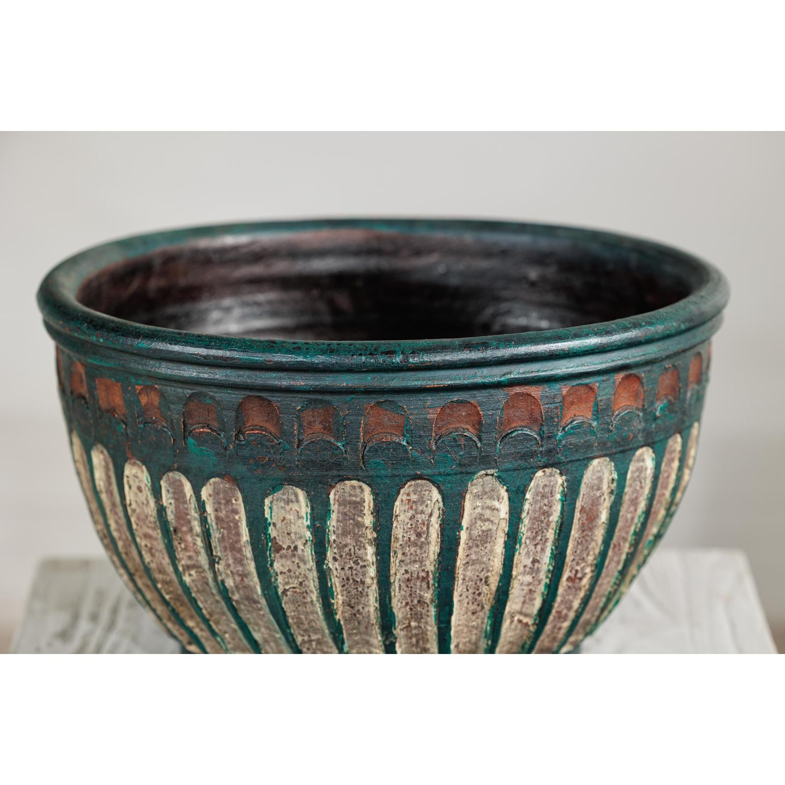 Vintage Emerald-Green Terracotta Planter with Carved Motifs - image 7