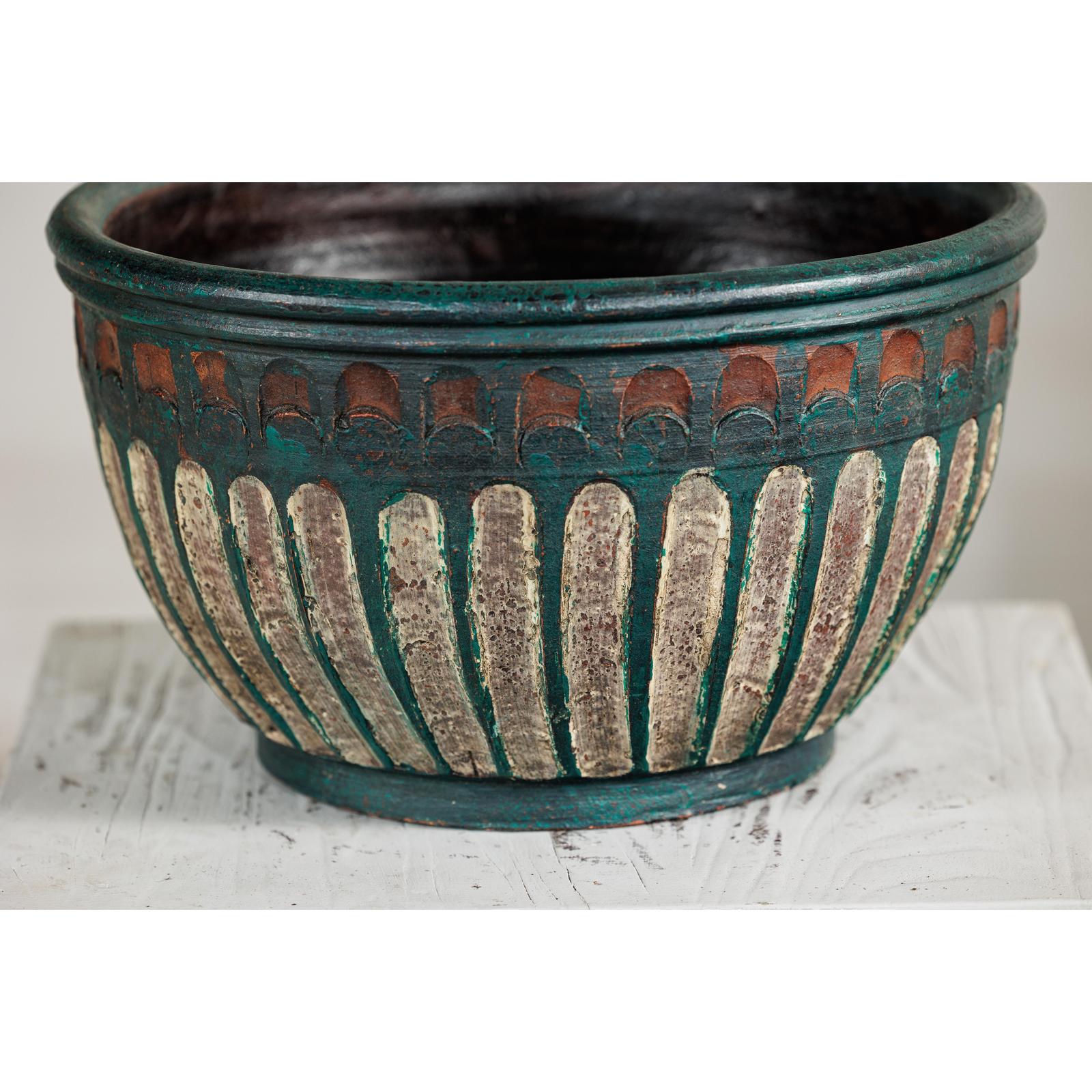Vintage Emerald-Green Terracotta Planter with Carved Motifs - image 8