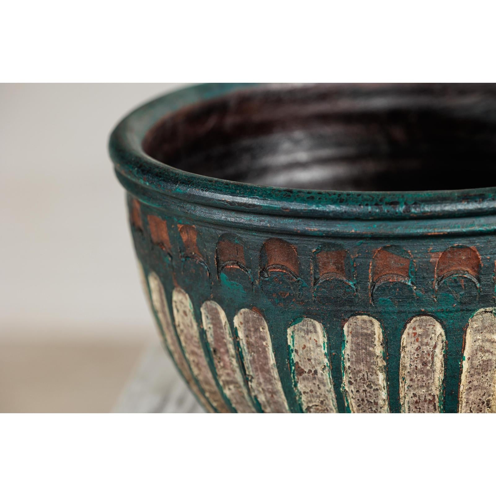 Vintage Emerald-Green Terracotta Planter with Carved Motifs - image 9