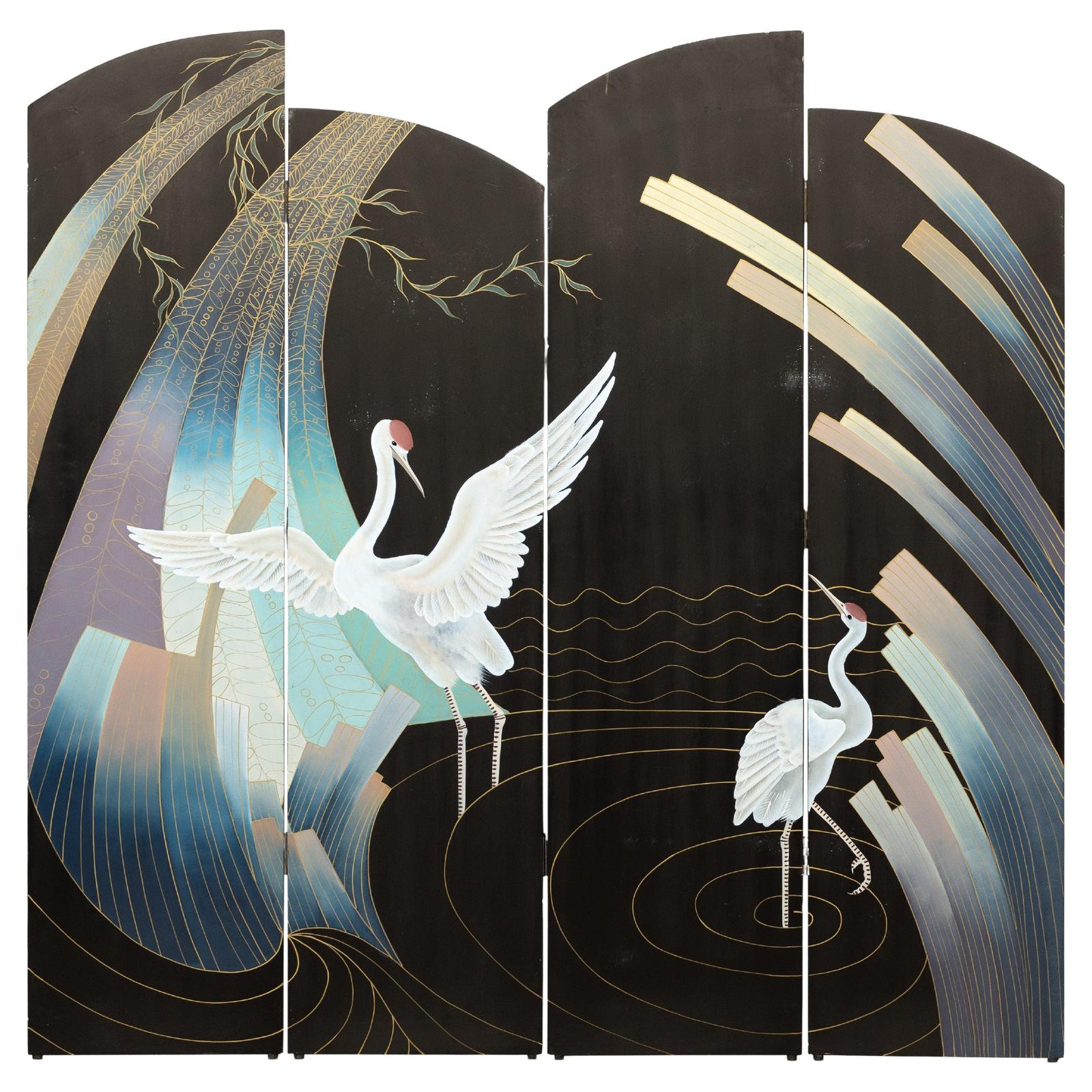 Vintage Four-Panel Black Lacquer Folding Screen with Hand-Painted Crane Motif-1. Asian & Chinese Furniture, Art, Antiques, Vintage Home Décor for sale at FEA Home