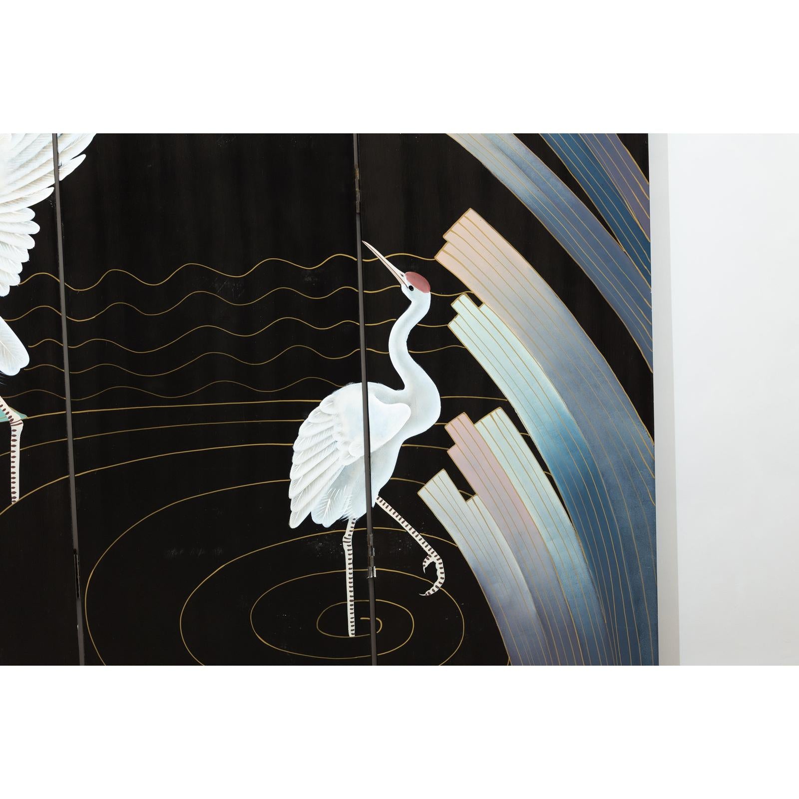 Vintage Four-Panel Black Lacquer Folding Screen with Hand-Painted Crane Motif-10. Asian &amp; Chinese Furniture, Art, Antiques, Vintage Home Décor for sale at FEA Home