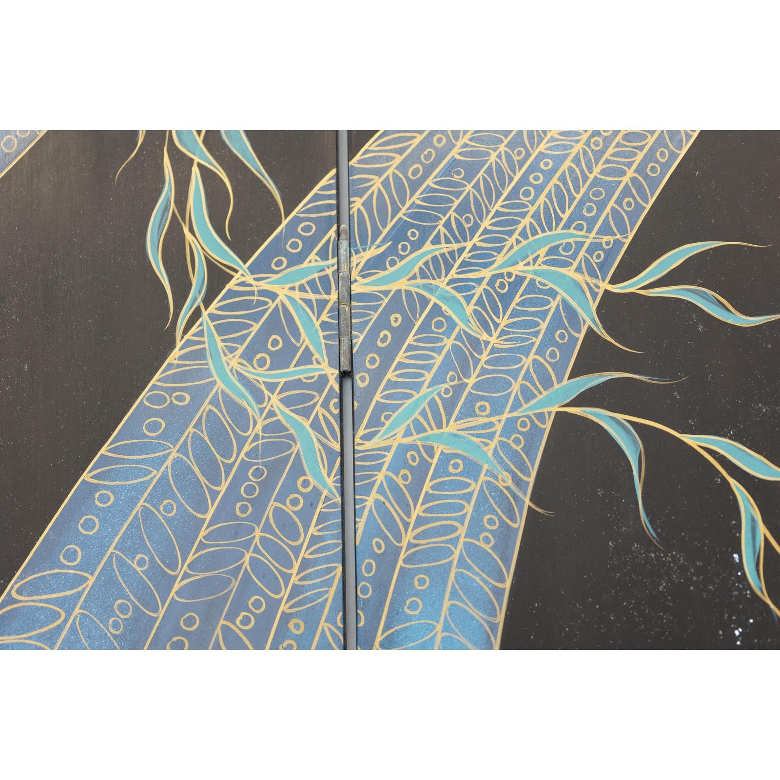 Vintage Four-Panel Black Lacquer Folding Screen with Hand-Painted Crane Motif-11. Asian &amp; Chinese Furniture, Art, Antiques, Vintage Home Décor for sale at FEA Home