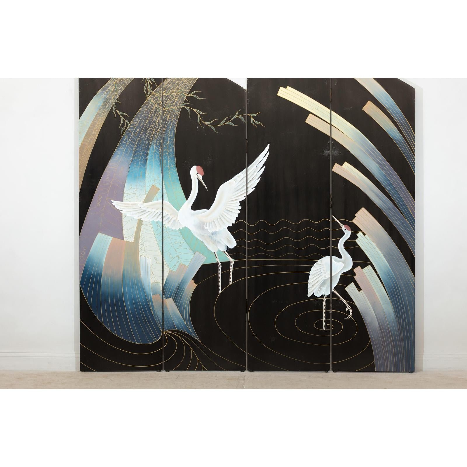 Vintage Four-Panel Black Lacquer Folding Screen with Hand-Painted Crane Motif-15. Asian &amp; Chinese Furniture, Art, Antiques, Vintage Home Décor for sale at FEA Home