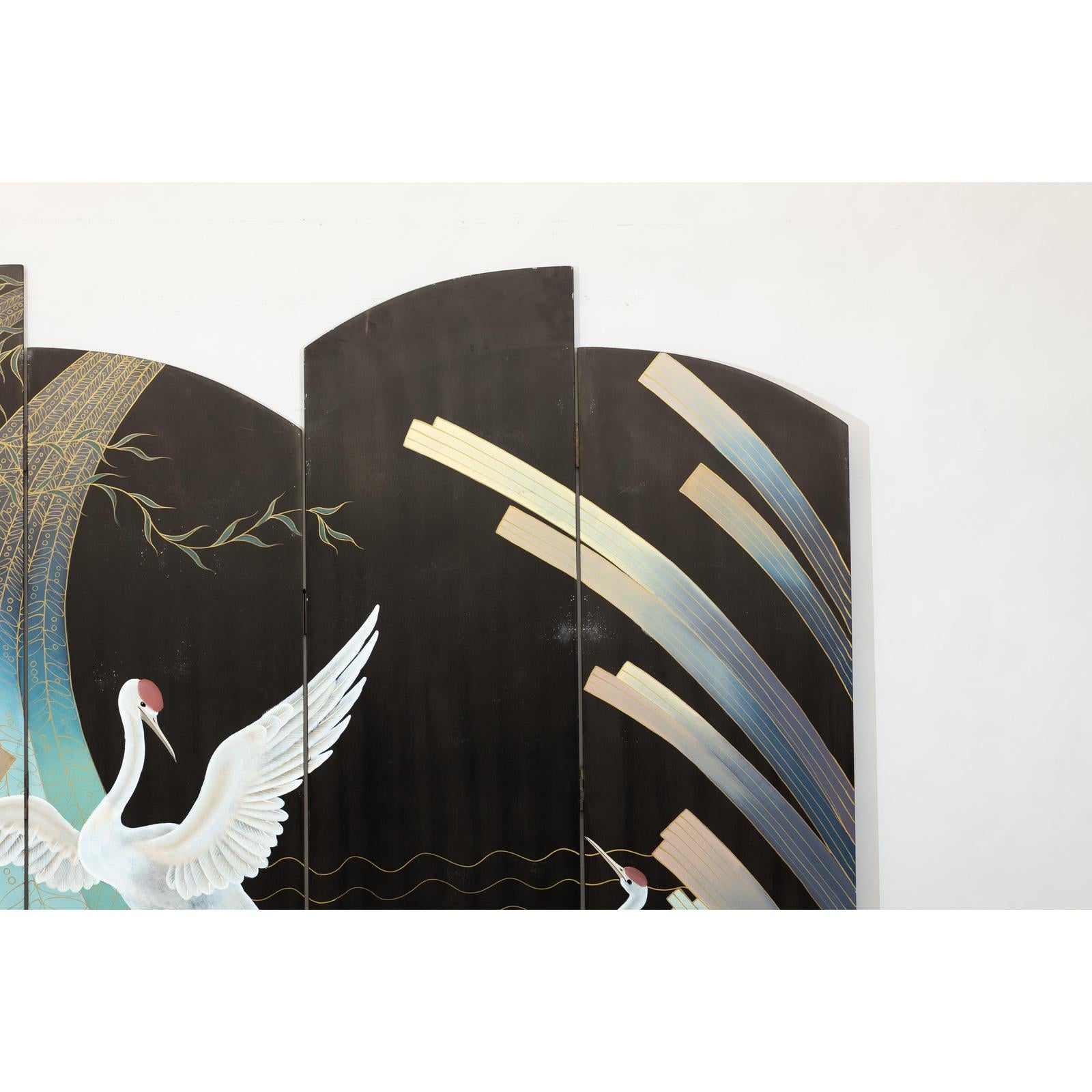 Vintage Four-Panel Black Lacquer Folding Screen with Hand-Painted Crane Motif-16. Asian &amp; Chinese Furniture, Art, Antiques, Vintage Home Décor for sale at FEA Home