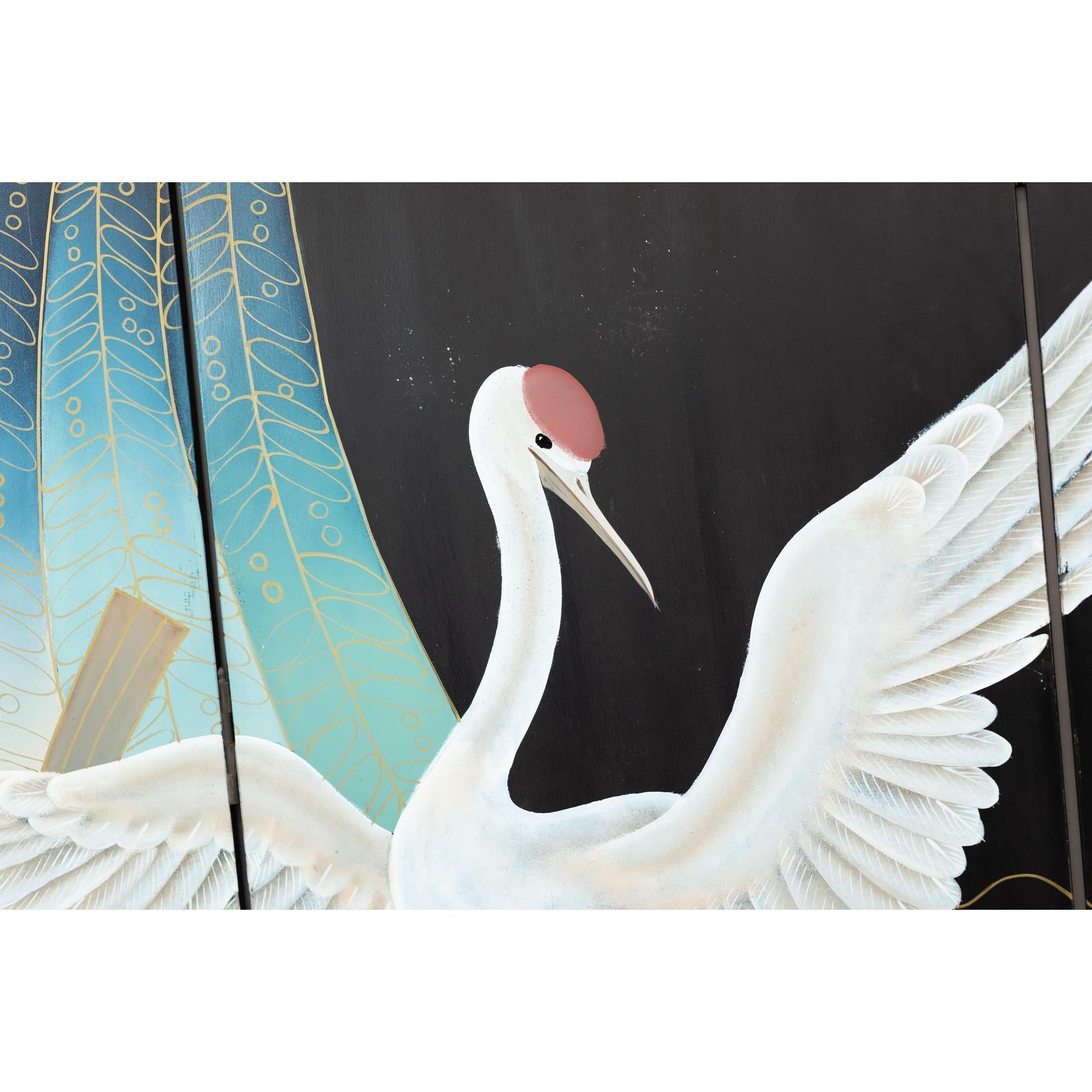 Vintage Four-Panel Black Lacquer Folding Screen with Hand-Painted Crane Motif-18. Asian &amp; Chinese Furniture, Art, Antiques, Vintage Home Décor for sale at FEA Home