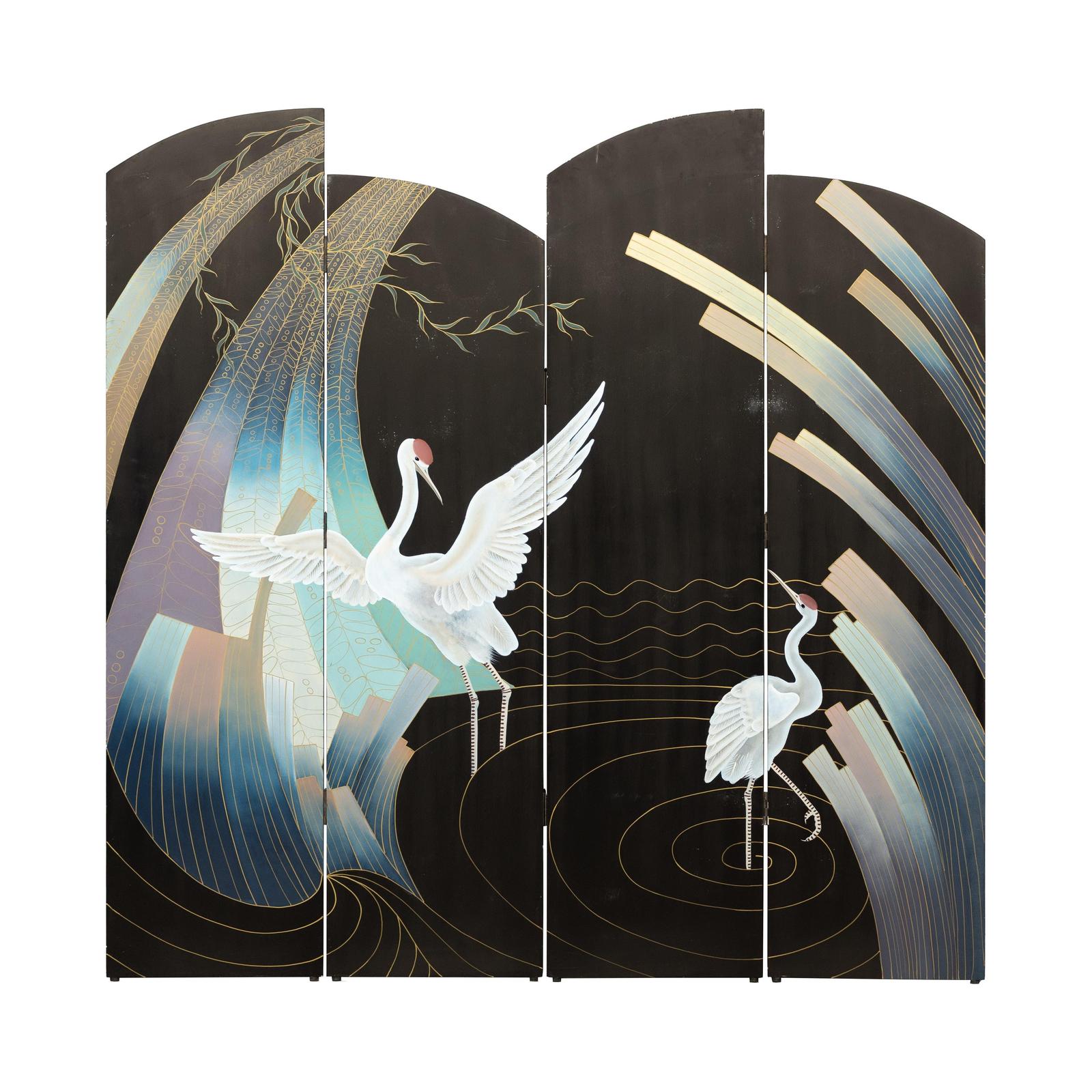 Vintage Four-Panel Black Lacquer Folding Screen with Hand-Painted Crane Motif-19. Asian &amp; Chinese Furniture, Art, Antiques, Vintage Home Décor for sale at FEA Home