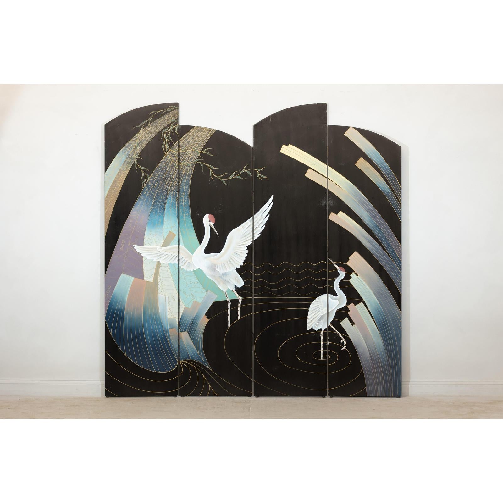 Vintage Four-Panel Black Lacquer Folding Screen with Hand-Painted Crane Motif-3. Asian &amp; Chinese Furniture, Art, Antiques, Vintage Home Décor for sale at FEA Home