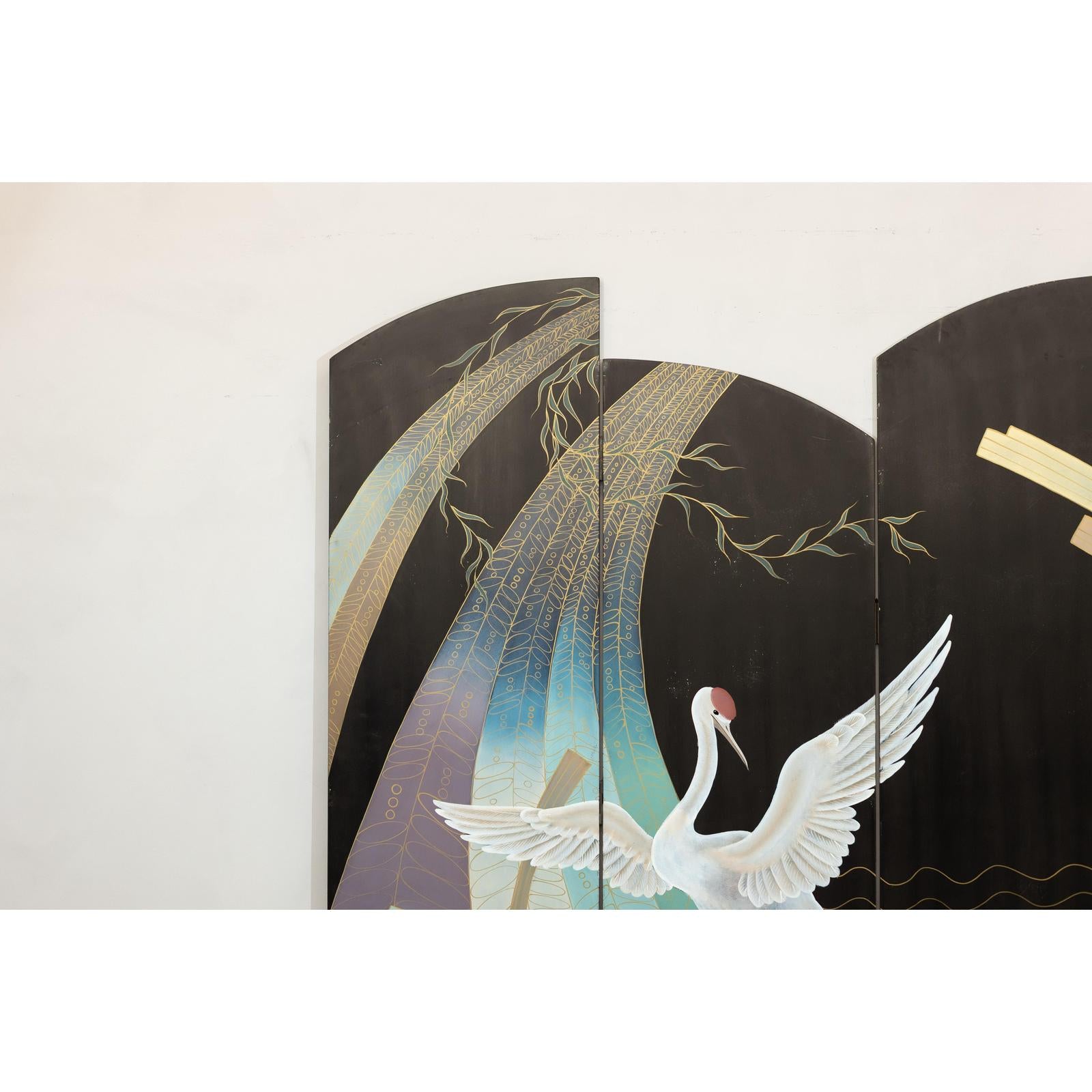Vintage Four-Panel Black Lacquer Folding Screen with Hand-Painted Crane Motif-6. Asian &amp; Chinese Furniture, Art, Antiques, Vintage Home Décor for sale at FEA Home