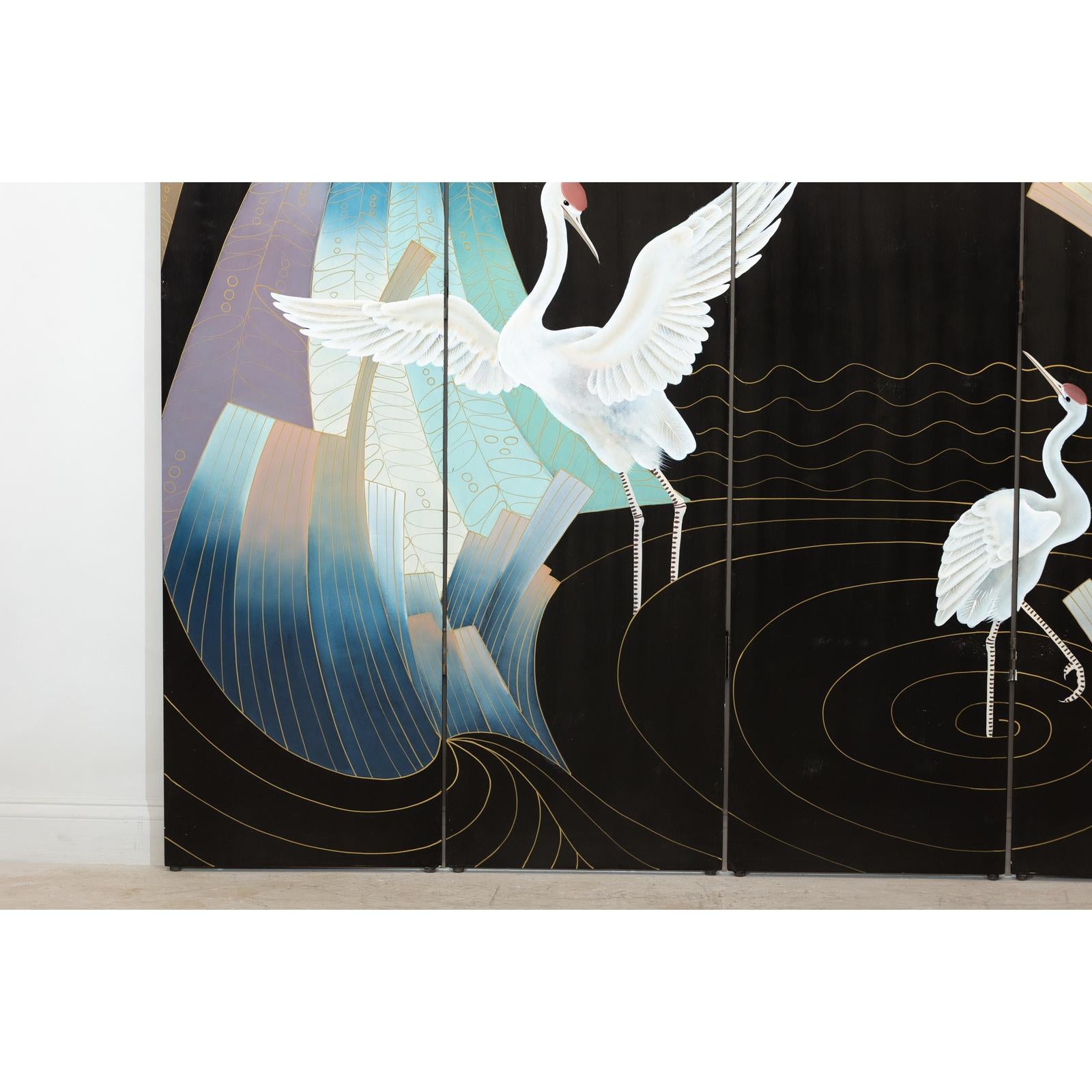 Vintage Four-Panel Black Lacquer Folding Screen with Hand-Painted Crane Motif-7. Asian &amp; Chinese Furniture, Art, Antiques, Vintage Home Décor for sale at FEA Home