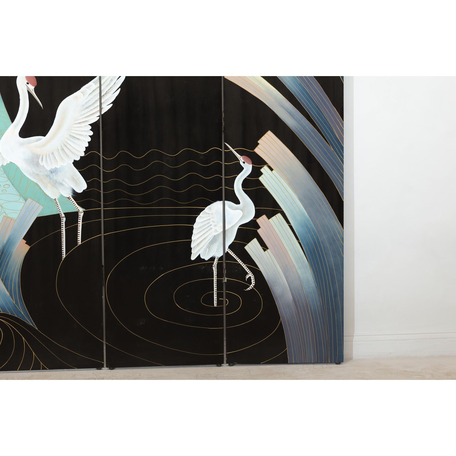 Vintage Four-Panel Black Lacquer Folding Screen with Hand-Painted Crane Motif-8. Asian &amp; Chinese Furniture, Art, Antiques, Vintage Home Décor for sale at FEA Home