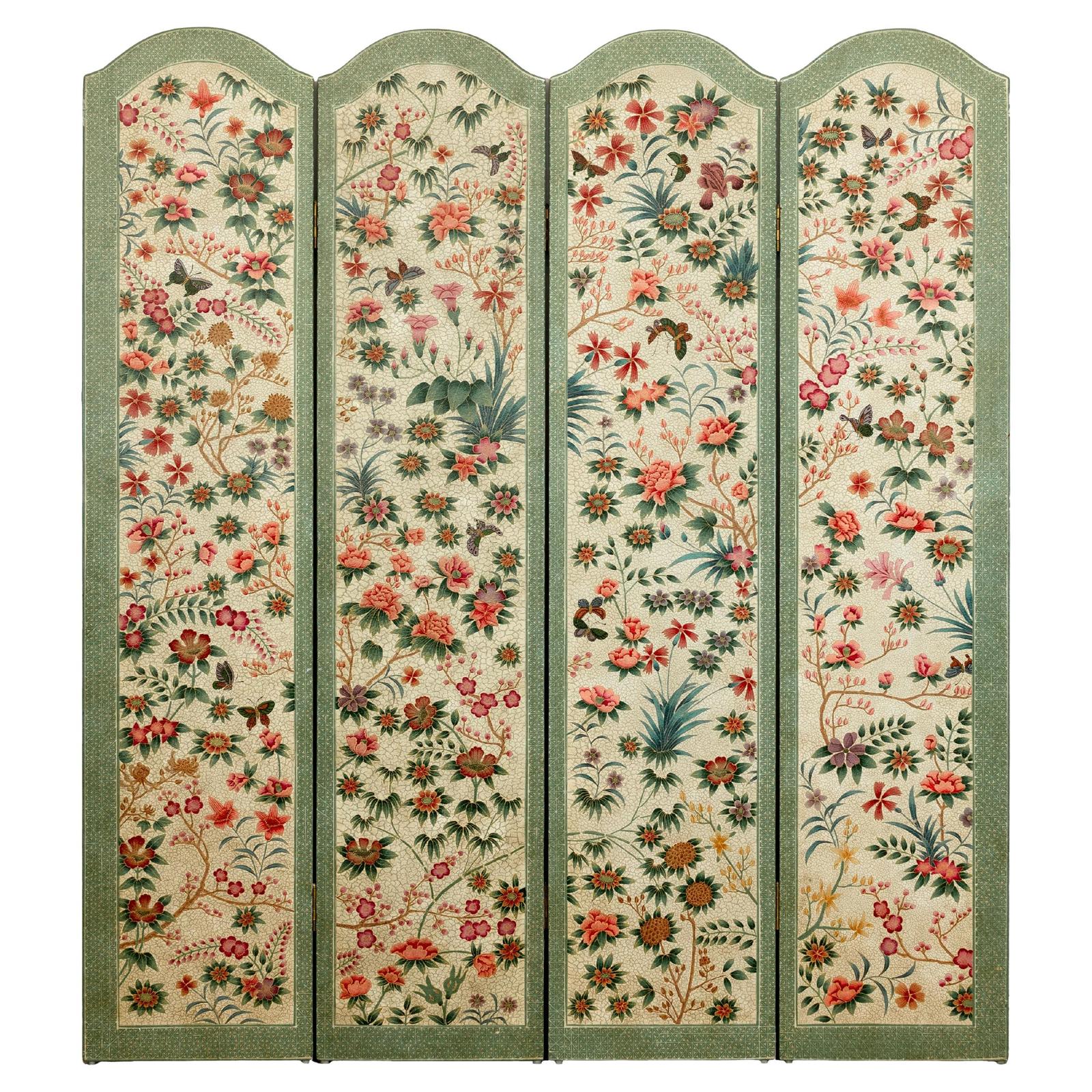 Vintage Four-Panel Polychrome Floral Folding Screen with Scalloped Accents-1. Asian & Chinese Furniture, Art, Antiques, Vintage Home Décor for sale at FEA Home
