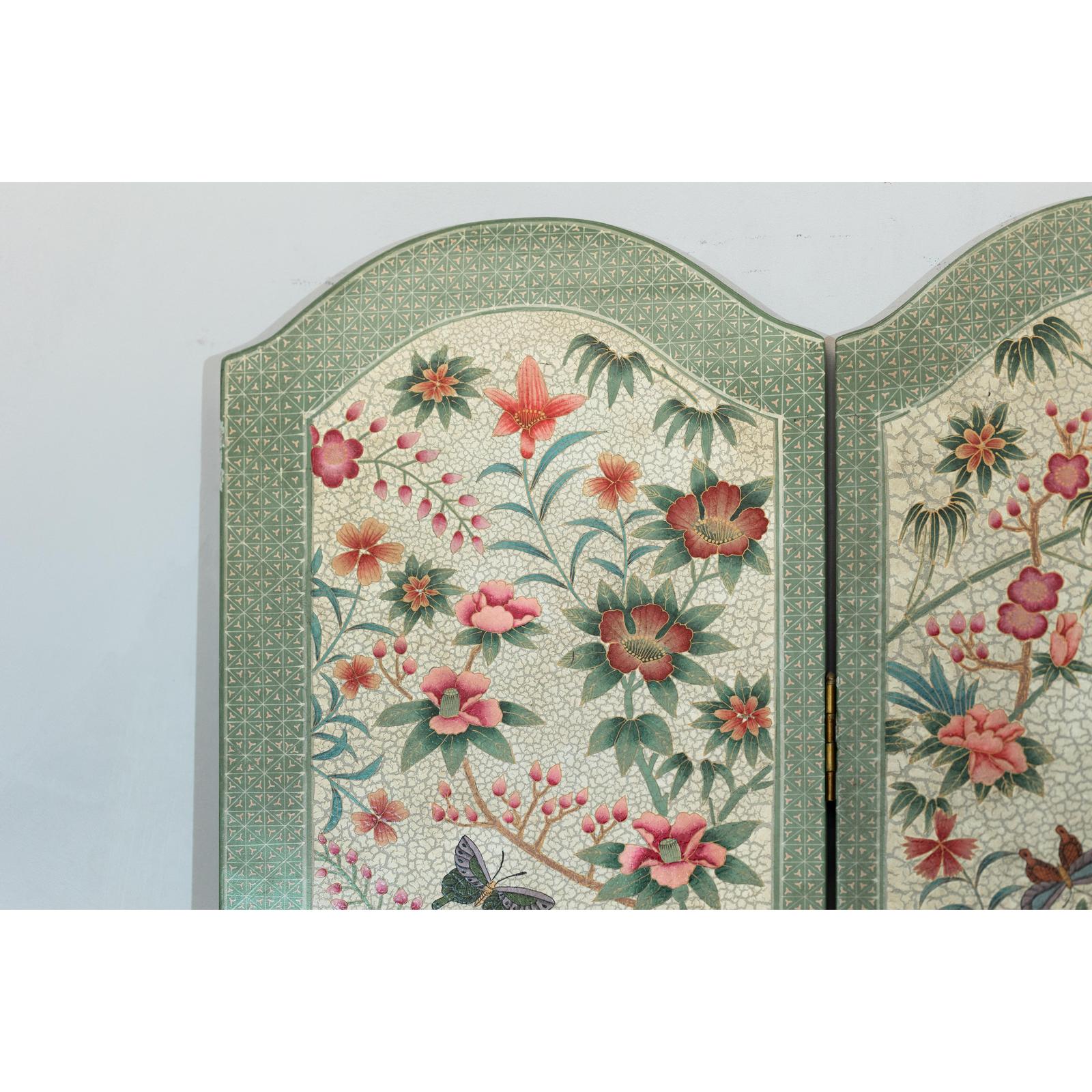 Vintage Four-Panel Polychrome Floral Folding Screen with Scalloped Accents-12. Asian &amp; Chinese Furniture, Art, Antiques, Vintage Home Décor for sale at FEA Home
