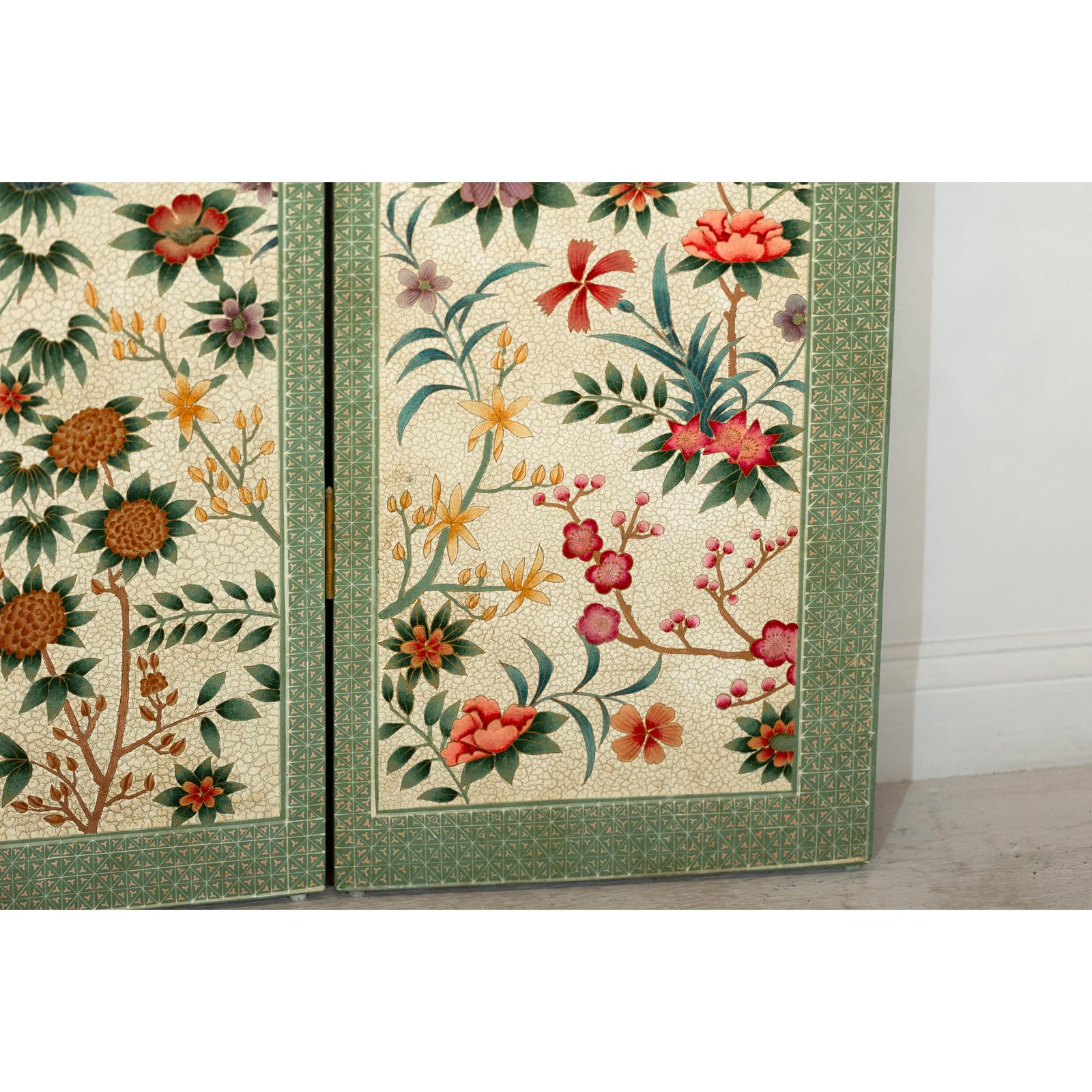 Vintage Four-Panel Polychrome Floral Folding Screen with Scalloped Accents-15. Asian &amp; Chinese Furniture, Art, Antiques, Vintage Home Décor for sale at FEA Home