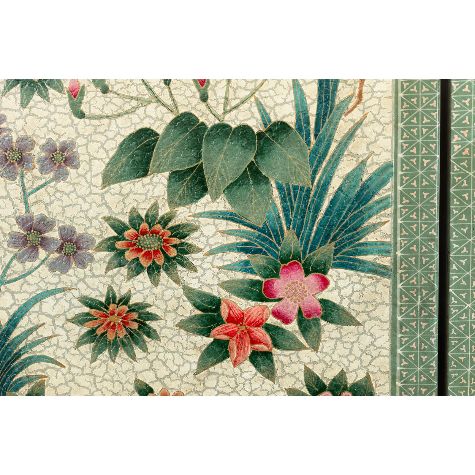 Vintage Four-Panel Polychrome Floral Folding Screen with Scalloped Accents-16. Asian &amp; Chinese Furniture, Art, Antiques, Vintage Home Décor for sale at FEA Home