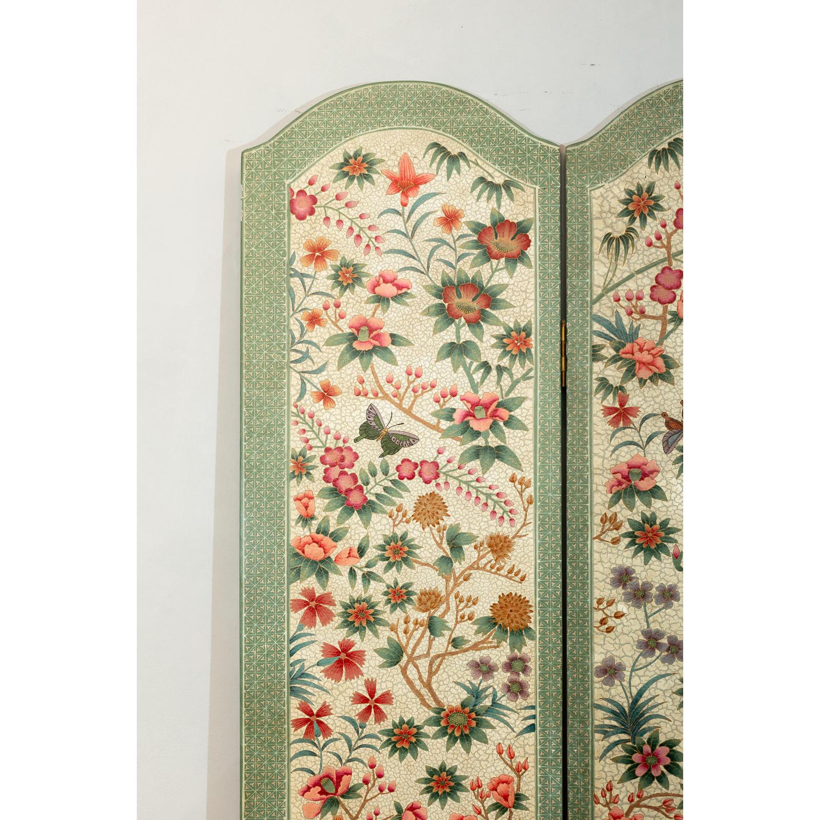 Vintage Four-Panel Polychrome Floral Folding Screen with Scalloped Accents-17. Asian &amp; Chinese Furniture, Art, Antiques, Vintage Home Décor for sale at FEA Home