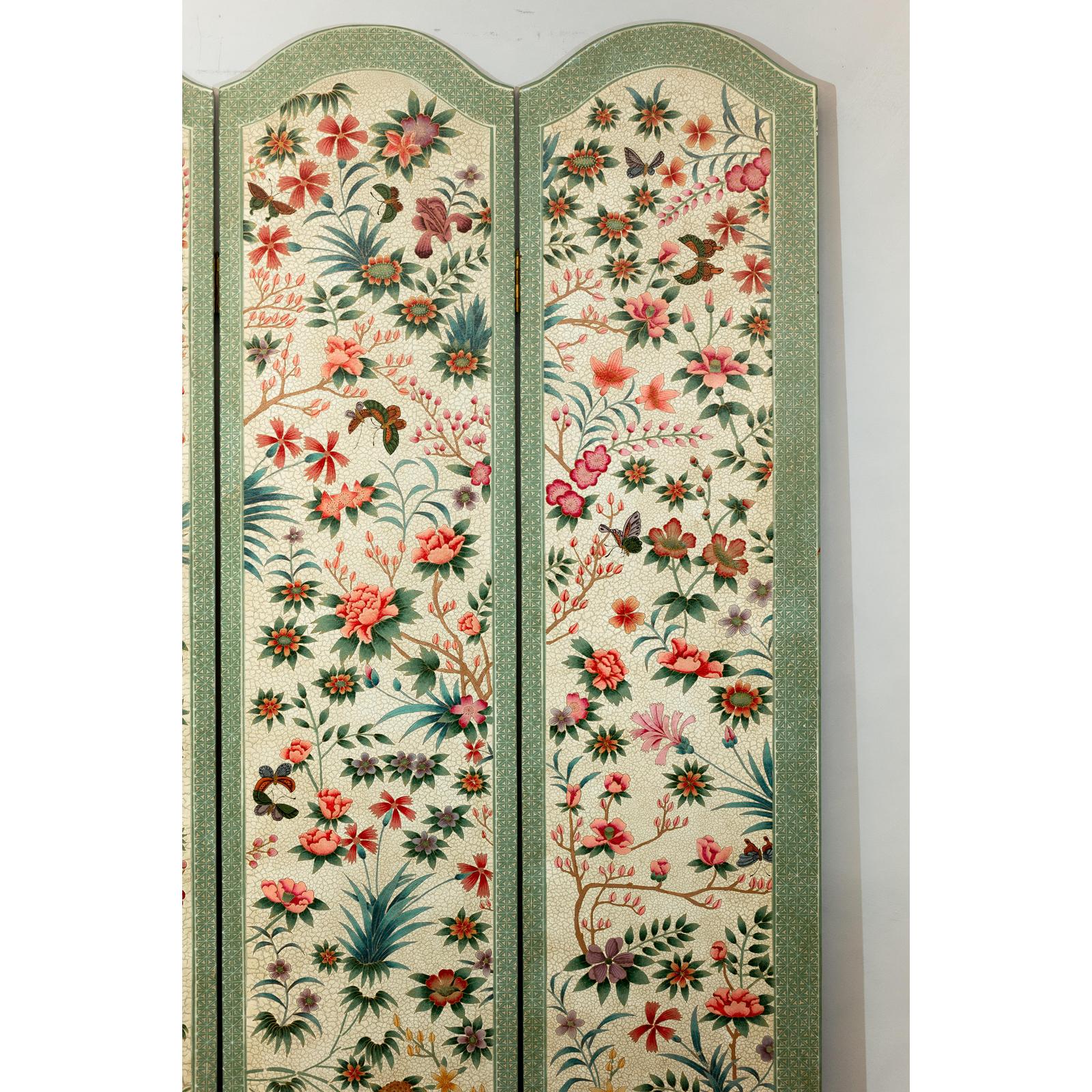 Vintage Four-Panel Polychrome Floral Folding Screen with Scalloped Accents-19. Asian &amp; Chinese Furniture, Art, Antiques, Vintage Home Décor for sale at FEA Home