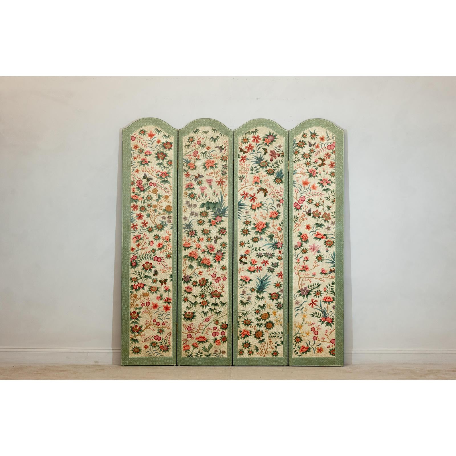 Vintage Four-Panel Polychrome Floral Folding Screen with Scalloped Accents-2. Asian & Chinese Furniture, Art, Antiques, Vintage Home Décor for sale at FEA Home