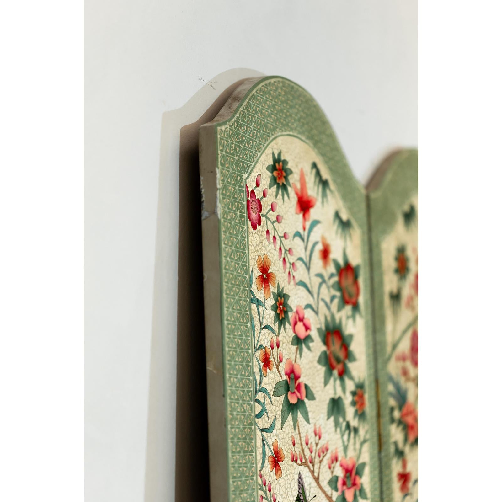 Vintage Four-Panel Polychrome Floral Folding Screen with Scalloped Accents-20. Asian &amp; Chinese Furniture, Art, Antiques, Vintage Home Décor for sale at FEA Home