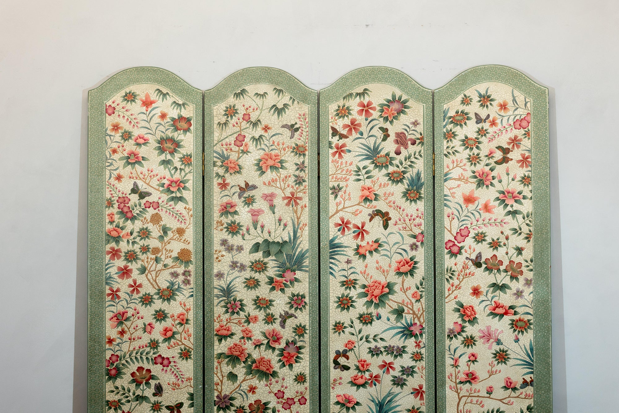 Vintage Four-Panel Polychrome Floral Folding Screen with Scalloped Accents-3. Asian &amp; Chinese Furniture, Art, Antiques, Vintage Home Décor for sale at FEA Home