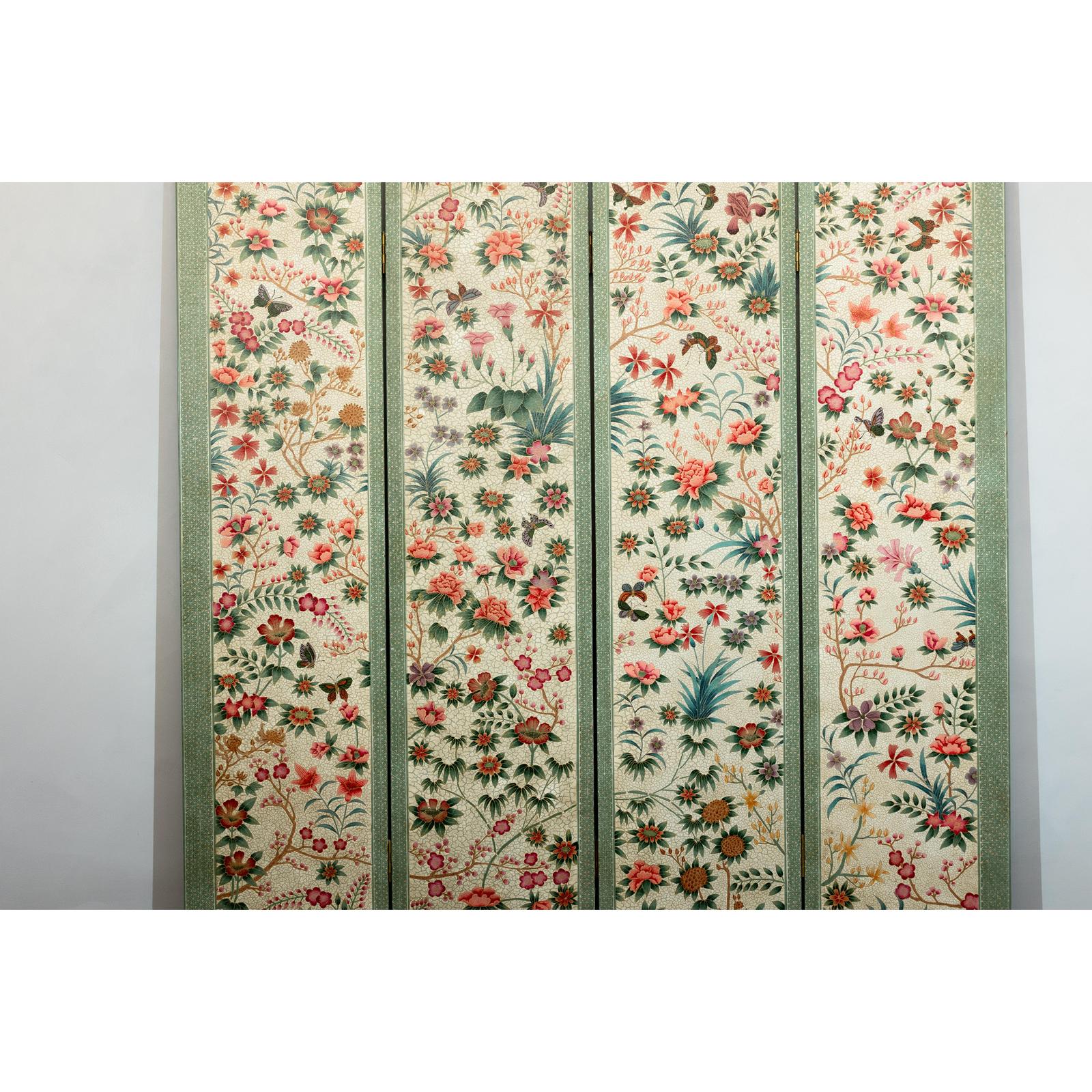 Vintage Four-Panel Polychrome Floral Folding Screen with Scalloped Accents-4. Asian &amp; Chinese Furniture, Art, Antiques, Vintage Home Décor for sale at FEA Home