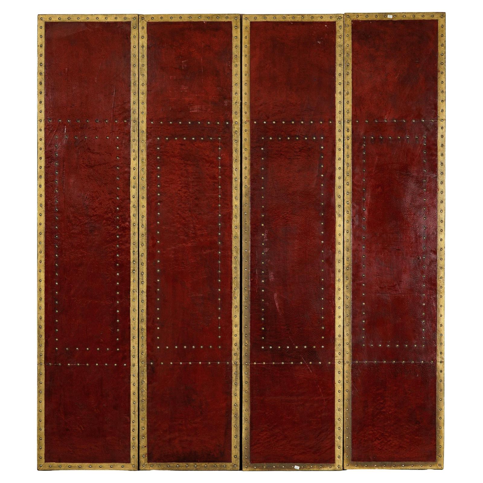 Vintage Four-Panel Screen in Oxblood Leather with Brass Nailhead Trim-1. Asian & Chinese Furniture, Art, Antiques, Vintage Home Décor for sale at FEA Home