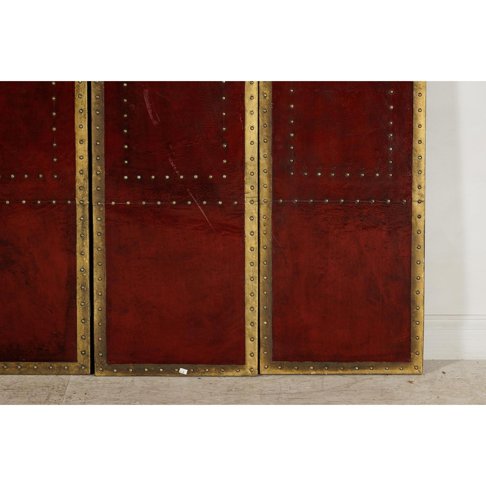 Vintage Four-Panel Screen in Oxblood Leather with Brass Nailhead Trim-10. Asian &amp; Chinese Furniture, Art, Antiques, Vintage Home Décor for sale at FEA Home