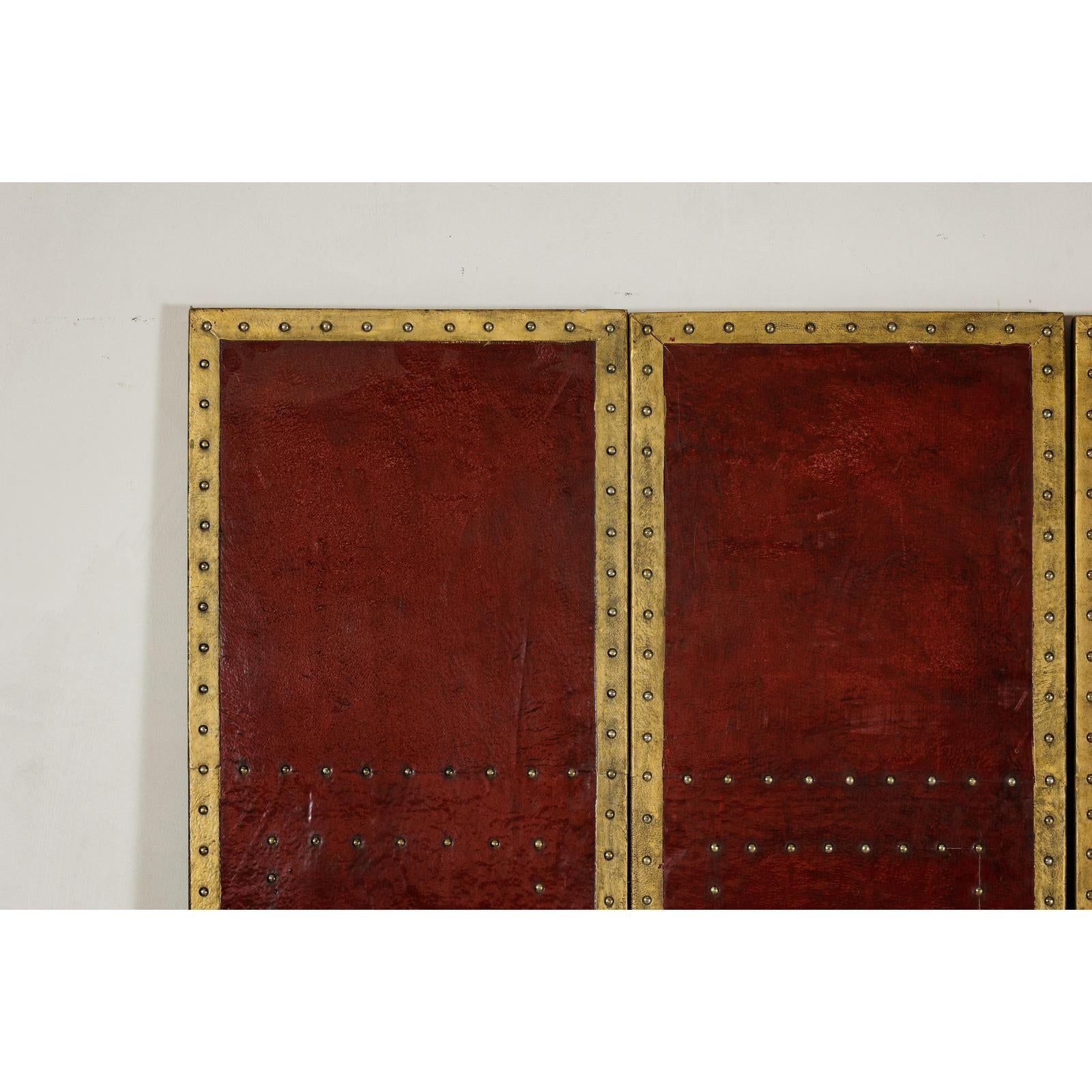 Vintage Four-Panel Screen in Oxblood Leather with Brass Nailhead Trim-11. Asian &amp; Chinese Furniture, Art, Antiques, Vintage Home Décor for sale at FEA Home