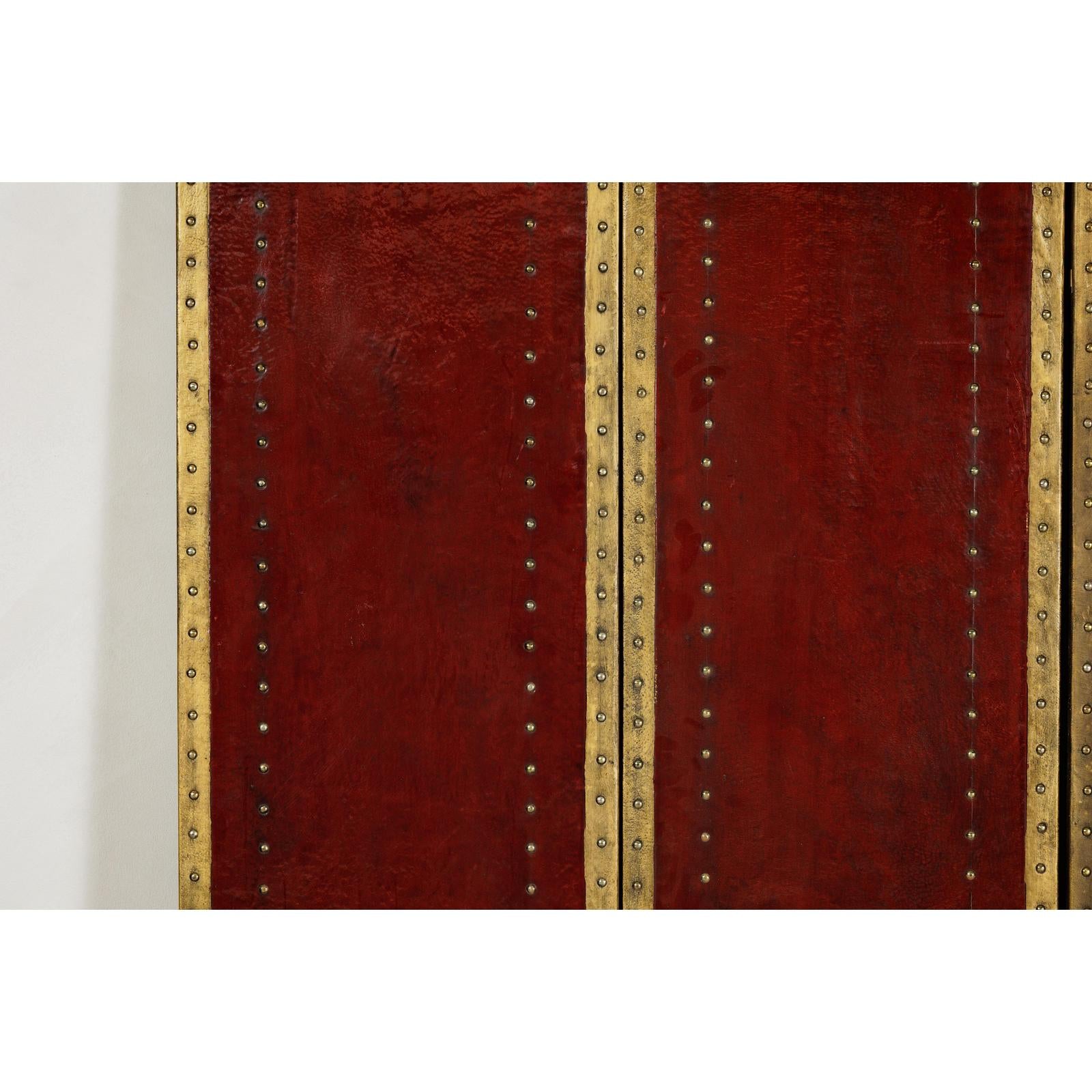 Vintage Four-Panel Screen in Oxblood Leather with Brass Nailhead Trim-12. Asian &amp; Chinese Furniture, Art, Antiques, Vintage Home Décor for sale at FEA Home