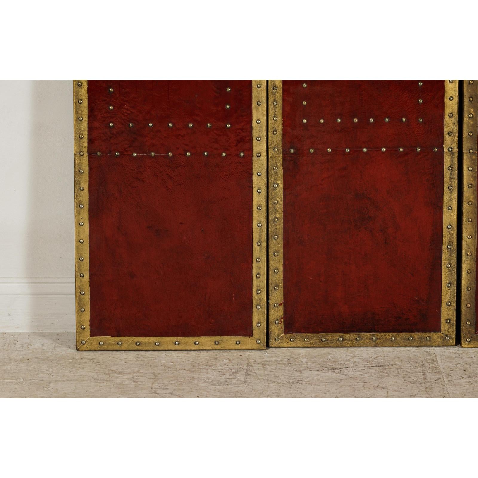 Vintage Four-Panel Screen in Oxblood Leather with Brass Nailhead Trim-13. Asian &amp; Chinese Furniture, Art, Antiques, Vintage Home Décor for sale at FEA Home
