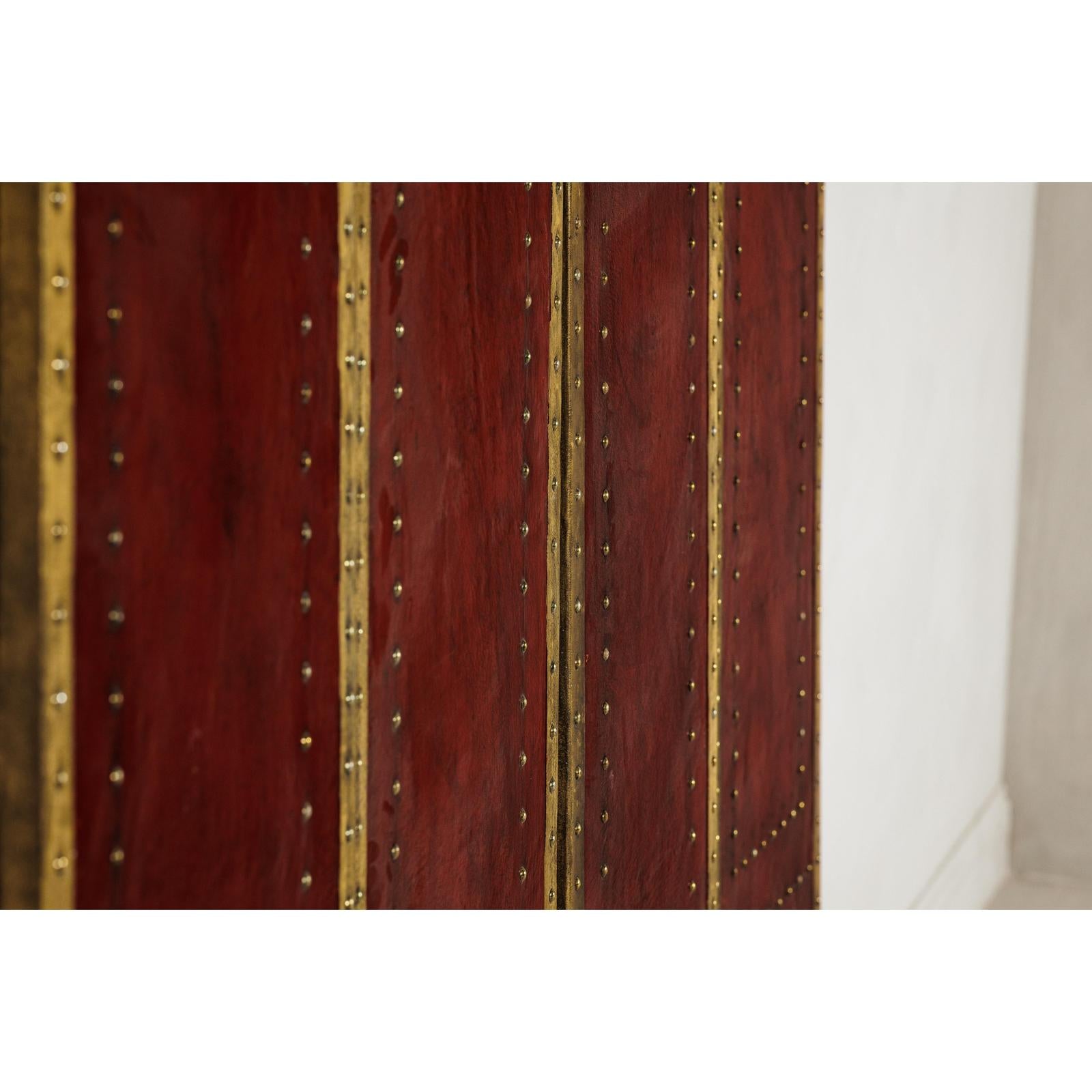 Vintage Four-Panel Screen in Oxblood Leather with Brass Nailhead Trim-19. Asian &amp; Chinese Furniture, Art, Antiques, Vintage Home Décor for sale at FEA Home