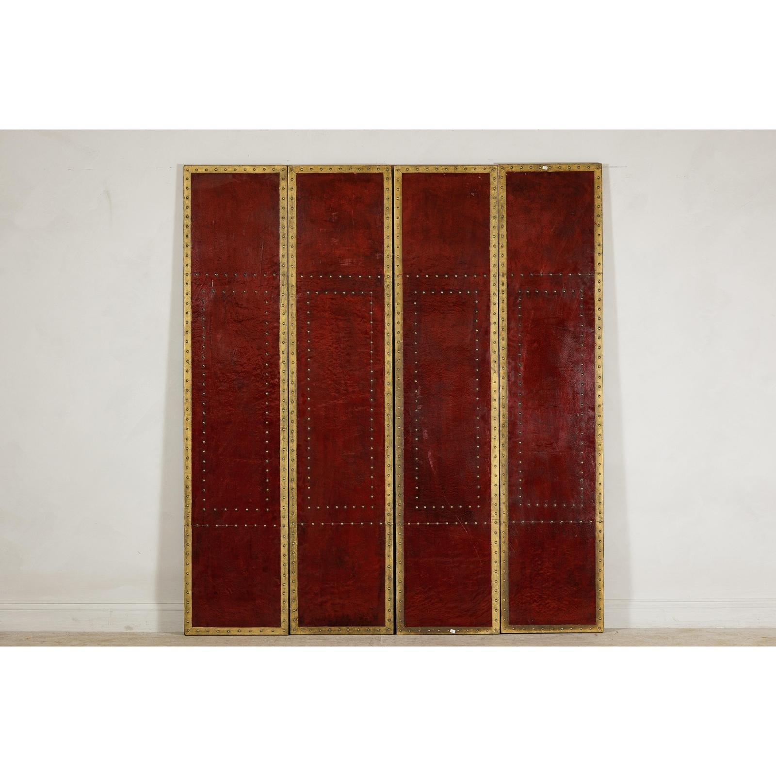 Vintage Four-Panel Screen in Oxblood Leather with Brass Nailhead Trim-2. Asian & Chinese Furniture, Art, Antiques, Vintage Home Décor for sale at FEA Home
