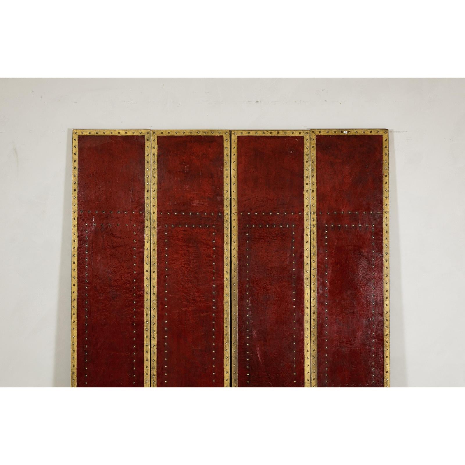 Vintage Four-Panel Screen in Oxblood Leather with Brass Nailhead Trim-3. Asian &amp; Chinese Furniture, Art, Antiques, Vintage Home Décor for sale at FEA Home