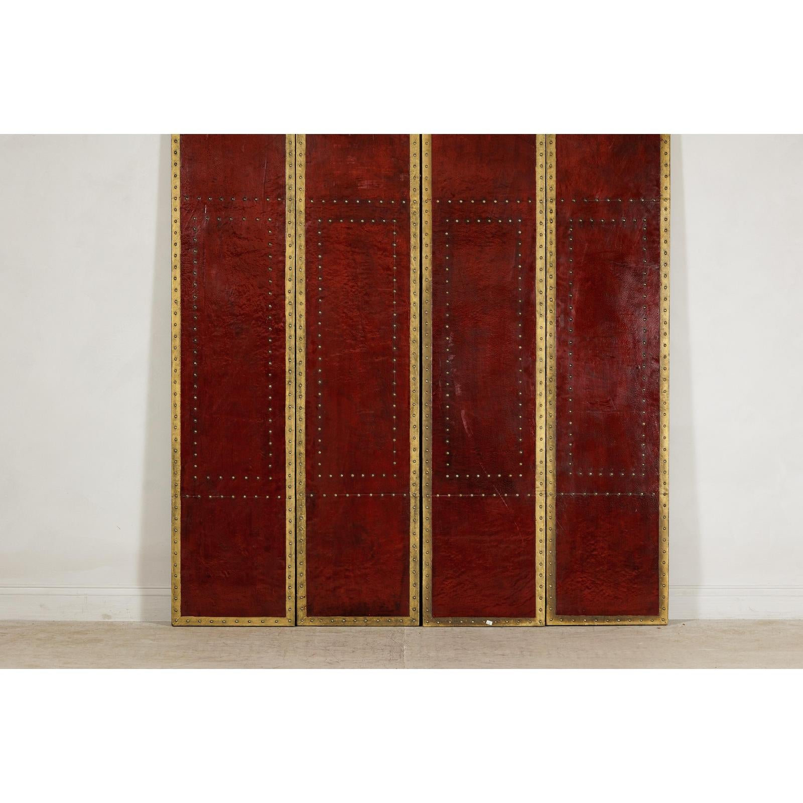Vintage Four-Panel Screen in Oxblood Leather with Brass Nailhead Trim-4. Asian &amp; Chinese Furniture, Art, Antiques, Vintage Home Décor for sale at FEA Home