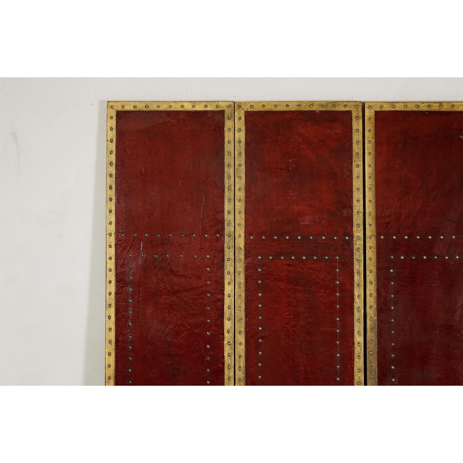 Vintage Four-Panel Screen in Oxblood Leather with Brass Nailhead Trim-5. Asian &amp; Chinese Furniture, Art, Antiques, Vintage Home Décor for sale at FEA Home
