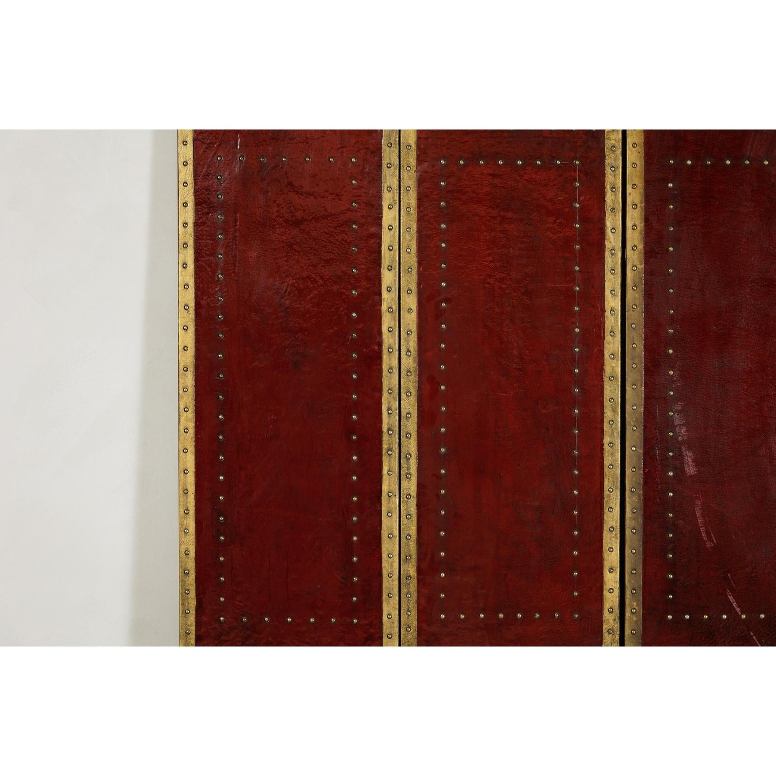 Vintage Four-Panel Screen in Oxblood Leather with Brass Nailhead Trim-6. Asian &amp; Chinese Furniture, Art, Antiques, Vintage Home Décor for sale at FEA Home