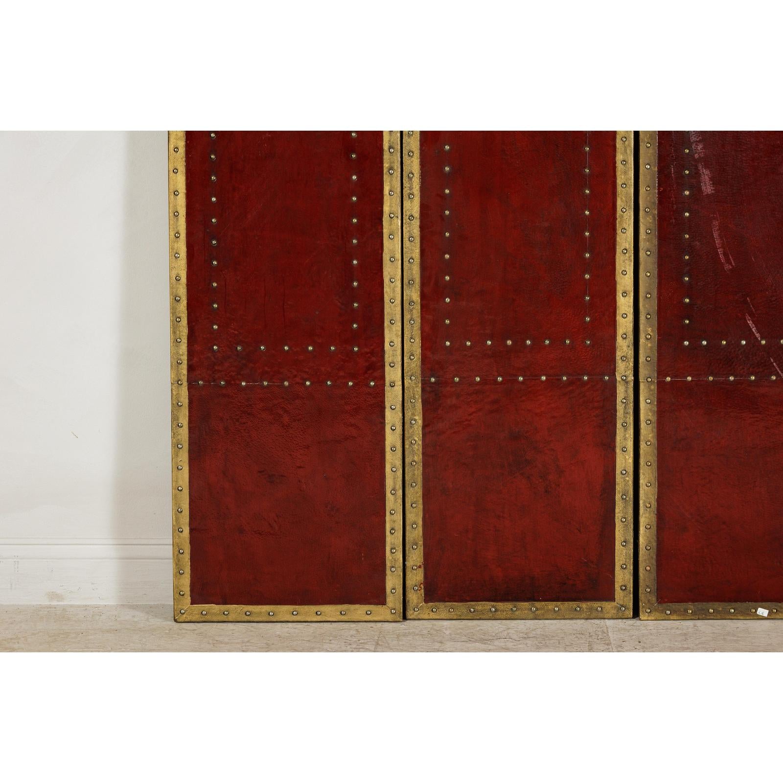 Vintage Four-Panel Screen in Oxblood Leather with Brass Nailhead Trim-7. Asian &amp; Chinese Furniture, Art, Antiques, Vintage Home Décor for sale at FEA Home