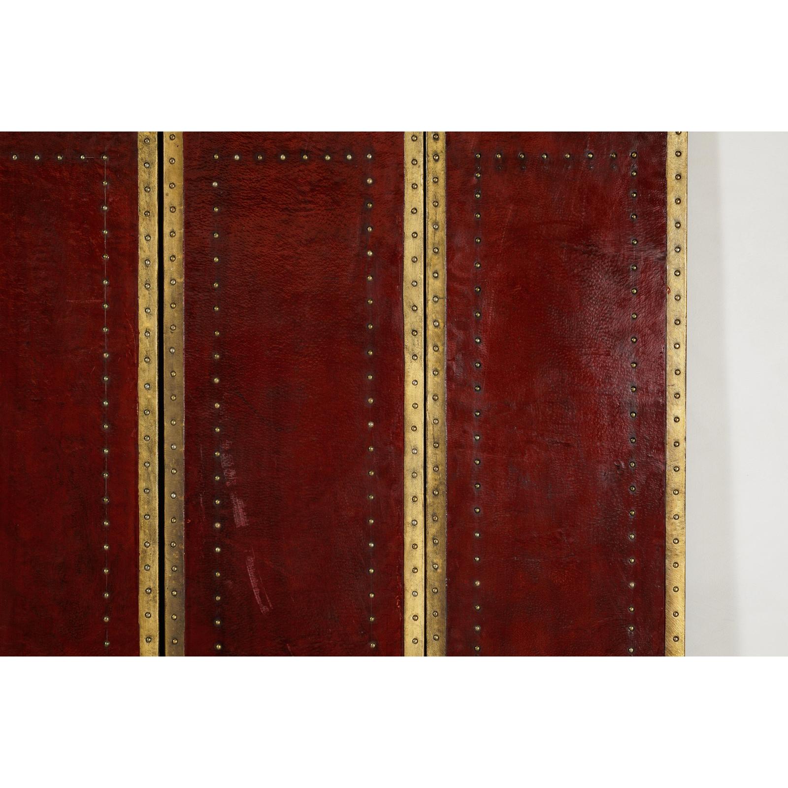 Vintage Four-Panel Screen in Oxblood Leather with Brass Nailhead Trim-9. Asian &amp; Chinese Furniture, Art, Antiques, Vintage Home Décor for sale at FEA Home