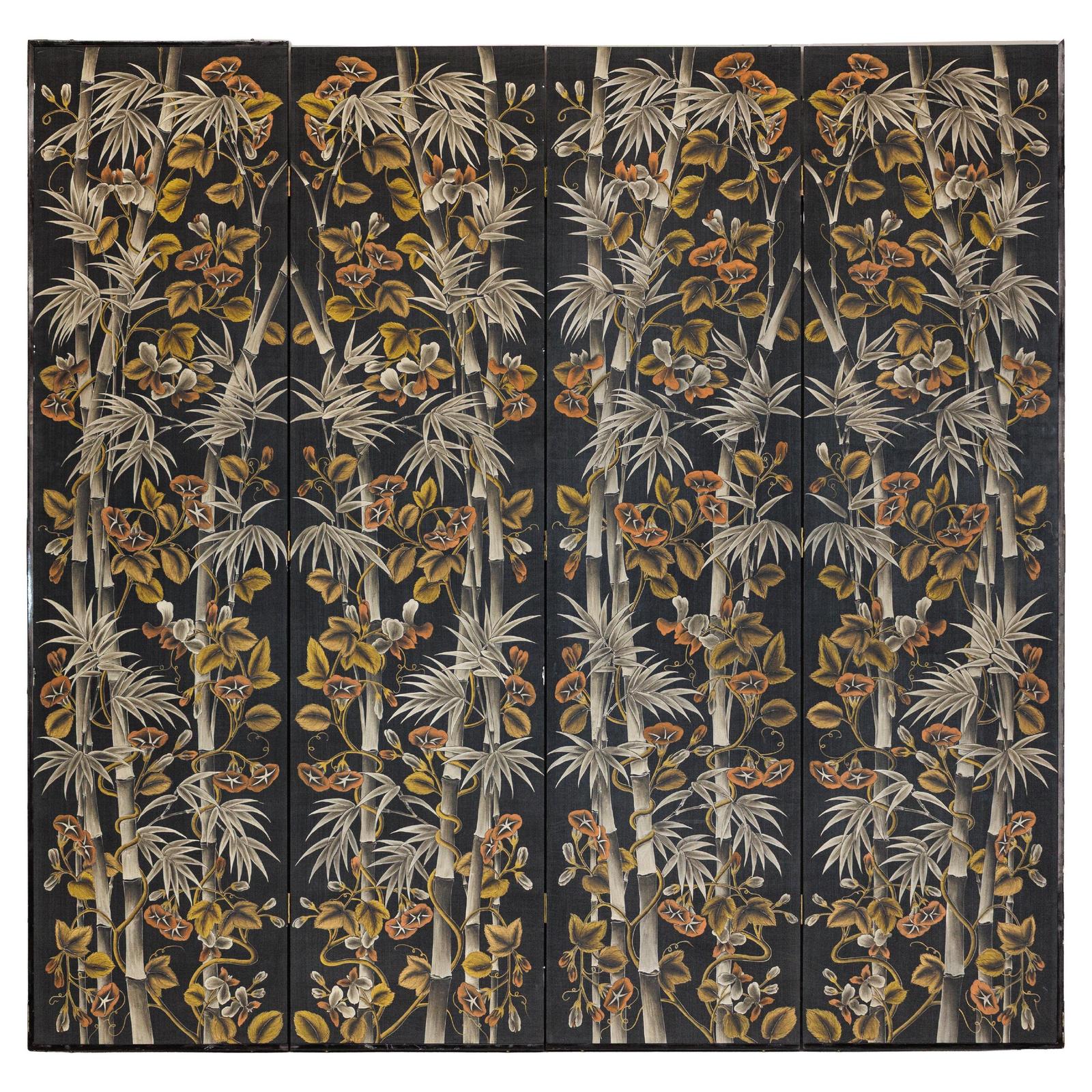 Vintage Four-Panel Screen with Bamboo and Floral Motifs - image 1