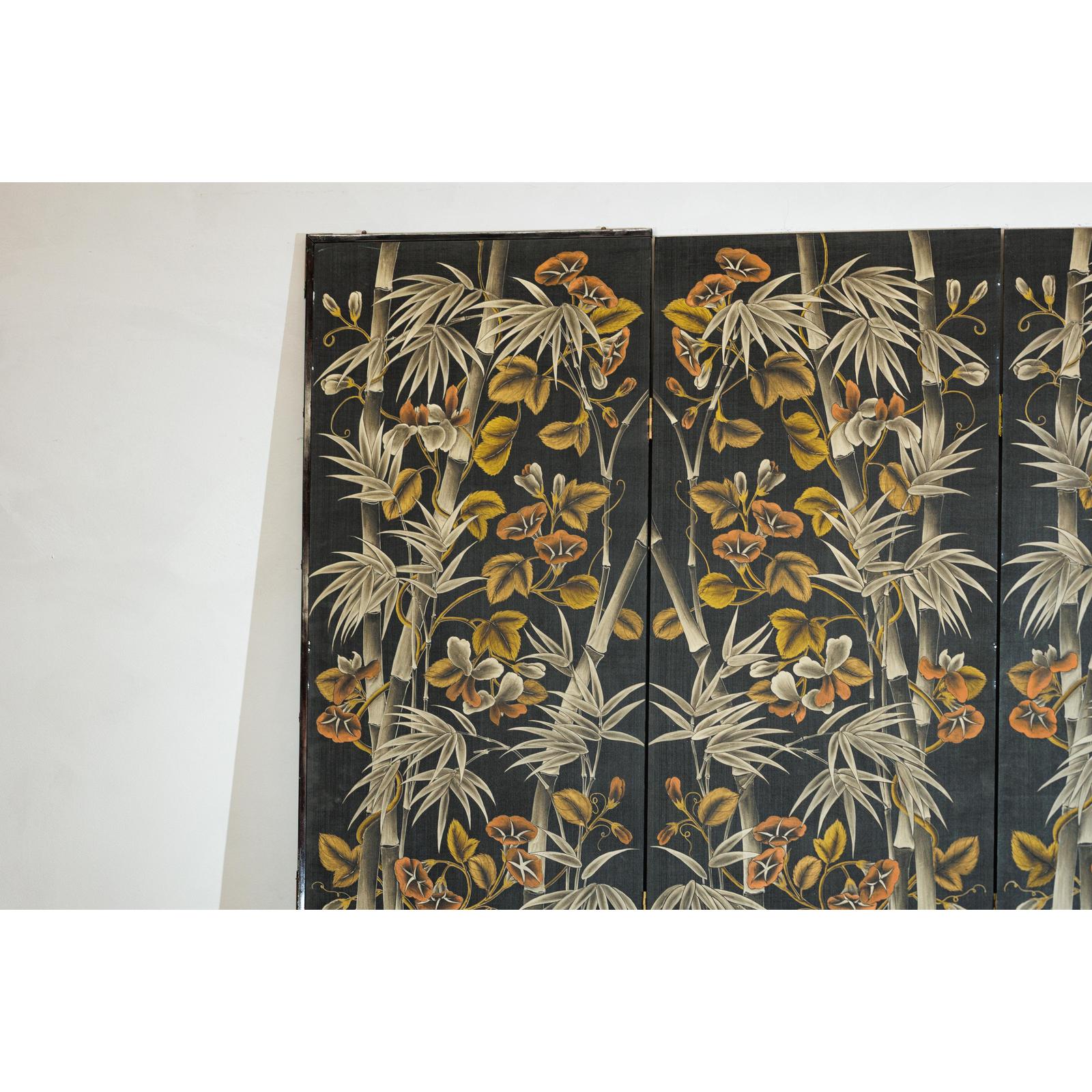 Vintage Four-Panel Screen with Bamboo and Floral Motifs - image 2