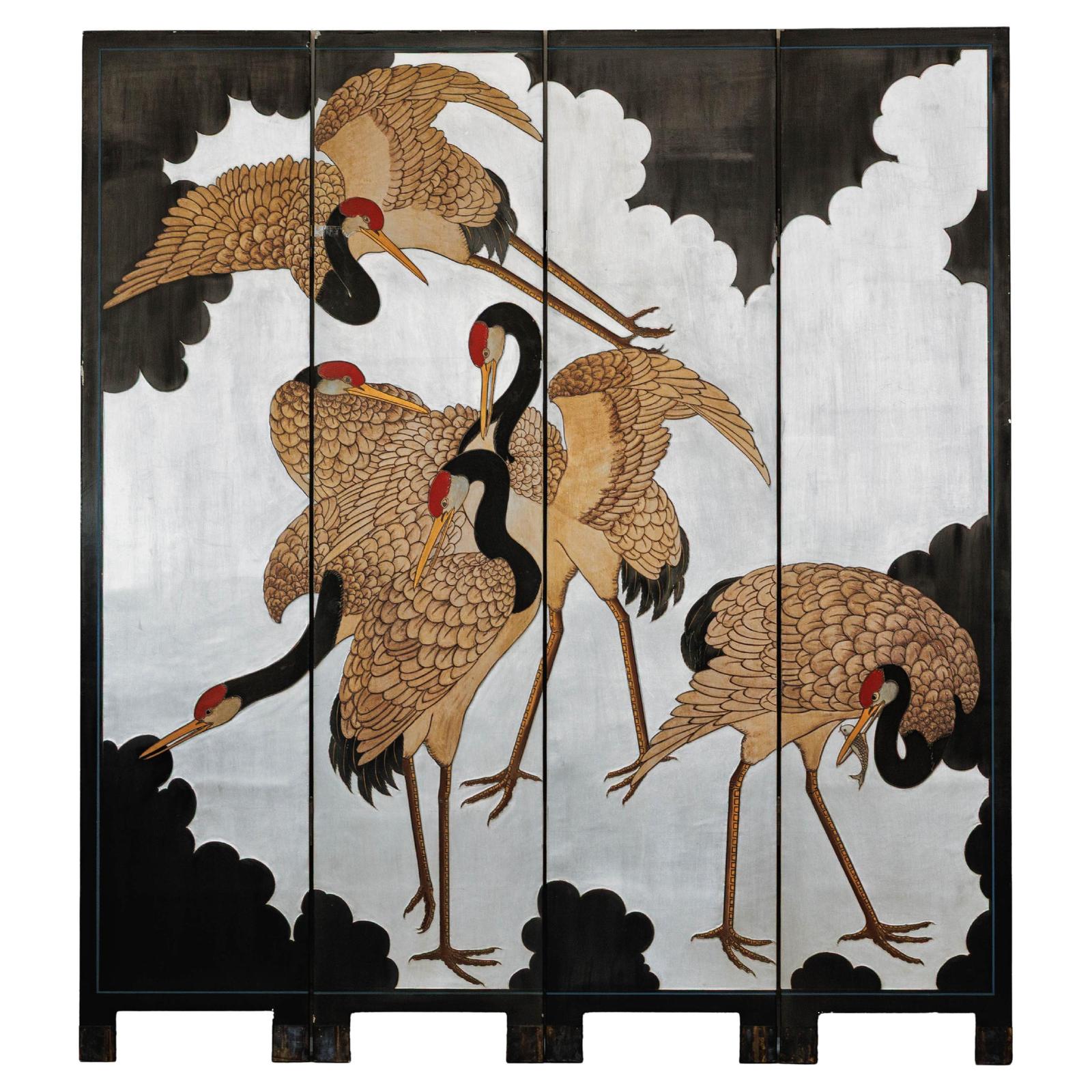 Vintage Four-Panel Screen with Silver Ground and Hand-Painted Cranes-1. Asian & Chinese Furniture, Art, Antiques, Vintage Home Décor for sale at FEA Home