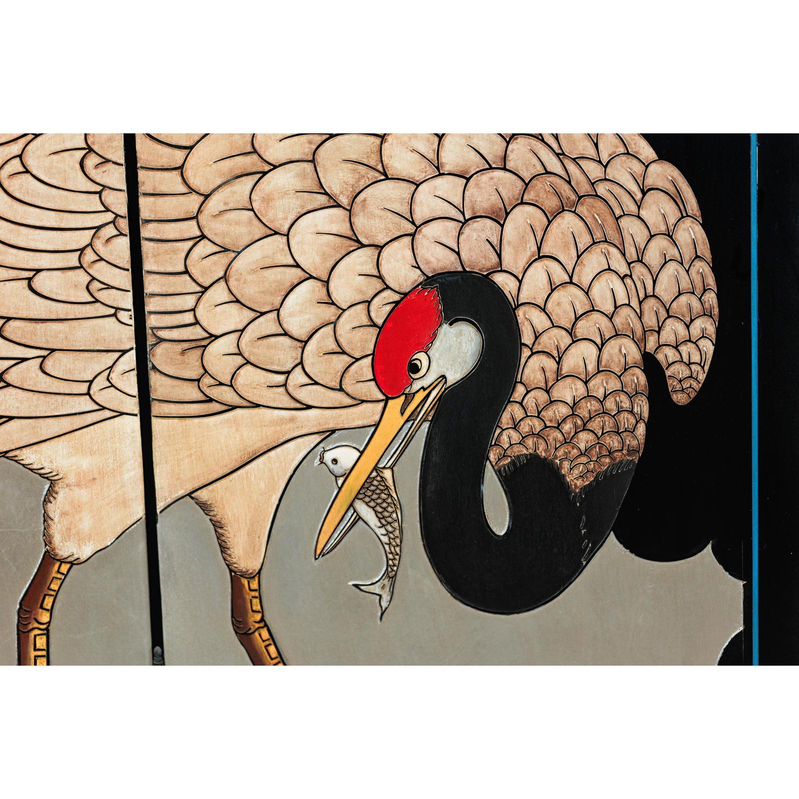 Vintage Four-Panel Screen with Silver Ground and Hand-Painted Cranes-10. Asian &amp; Chinese Furniture, Art, Antiques, Vintage Home Décor for sale at FEA Home