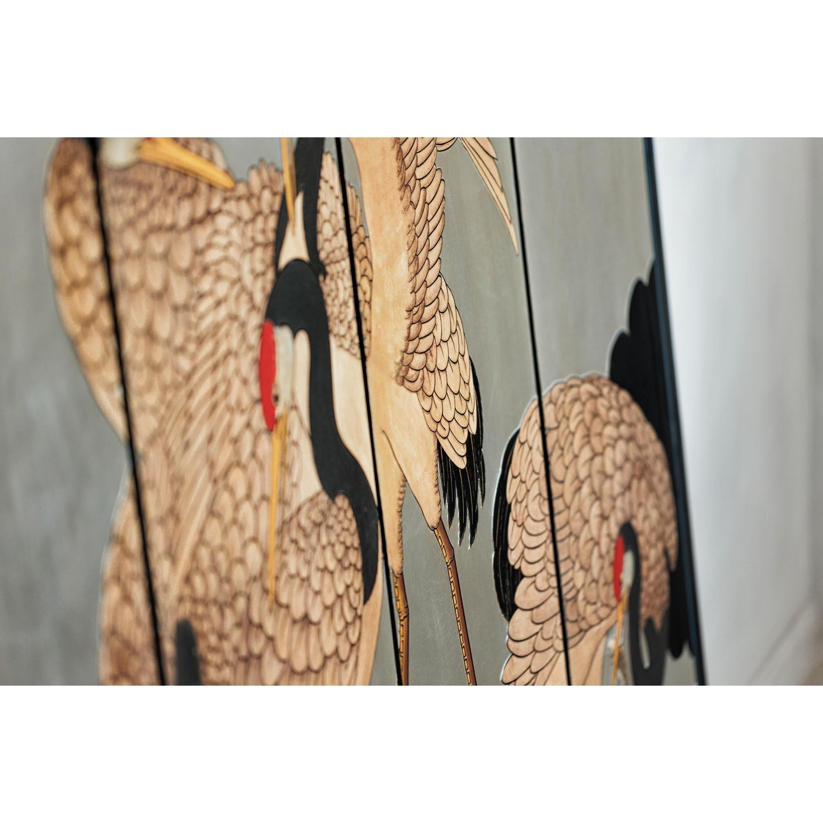 Vintage Four-Panel Screen with Silver Ground and Hand-Painted Cranes-15. Asian &amp; Chinese Furniture, Art, Antiques, Vintage Home Décor for sale at FEA Home