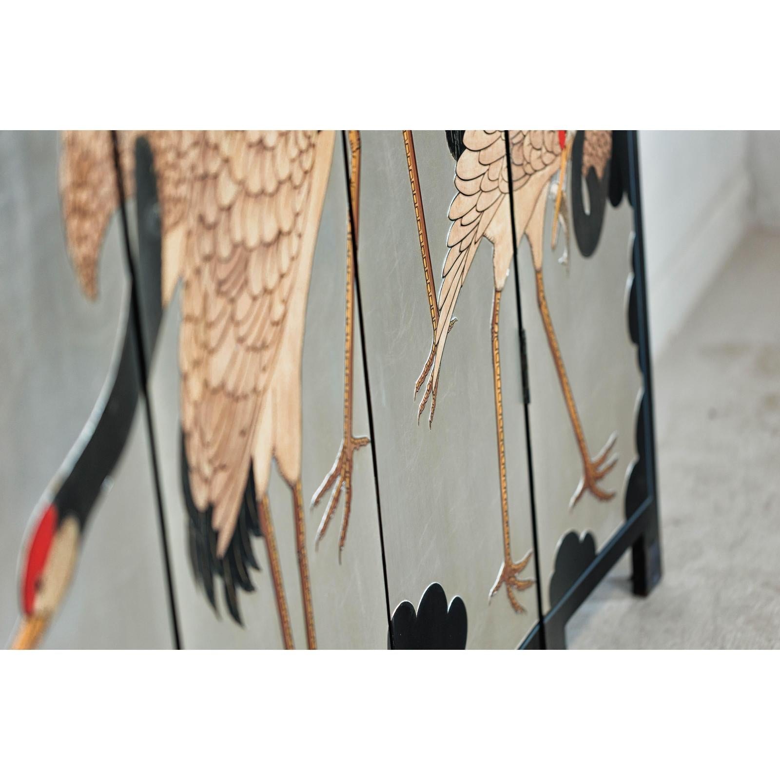 Vintage Four-Panel Screen with Silver Ground and Hand-Painted Cranes-16. Asian &amp; Chinese Furniture, Art, Antiques, Vintage Home Décor for sale at FEA Home