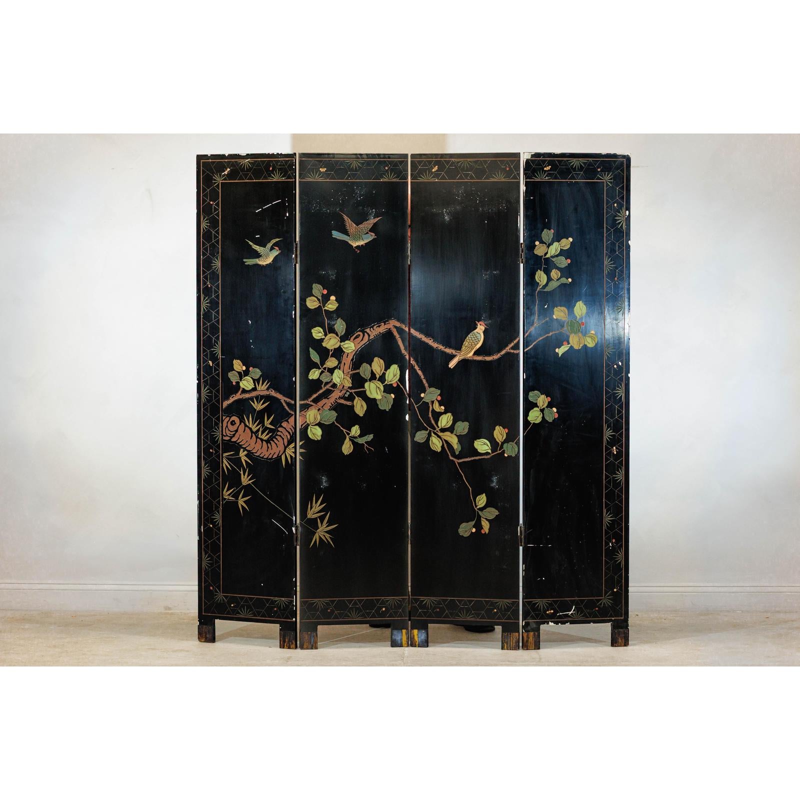 Vintage Four-Panel Screen with Silver Ground and Hand-Painted Cranes-17. Asian &amp; Chinese Furniture, Art, Antiques, Vintage Home Décor for sale at FEA Home