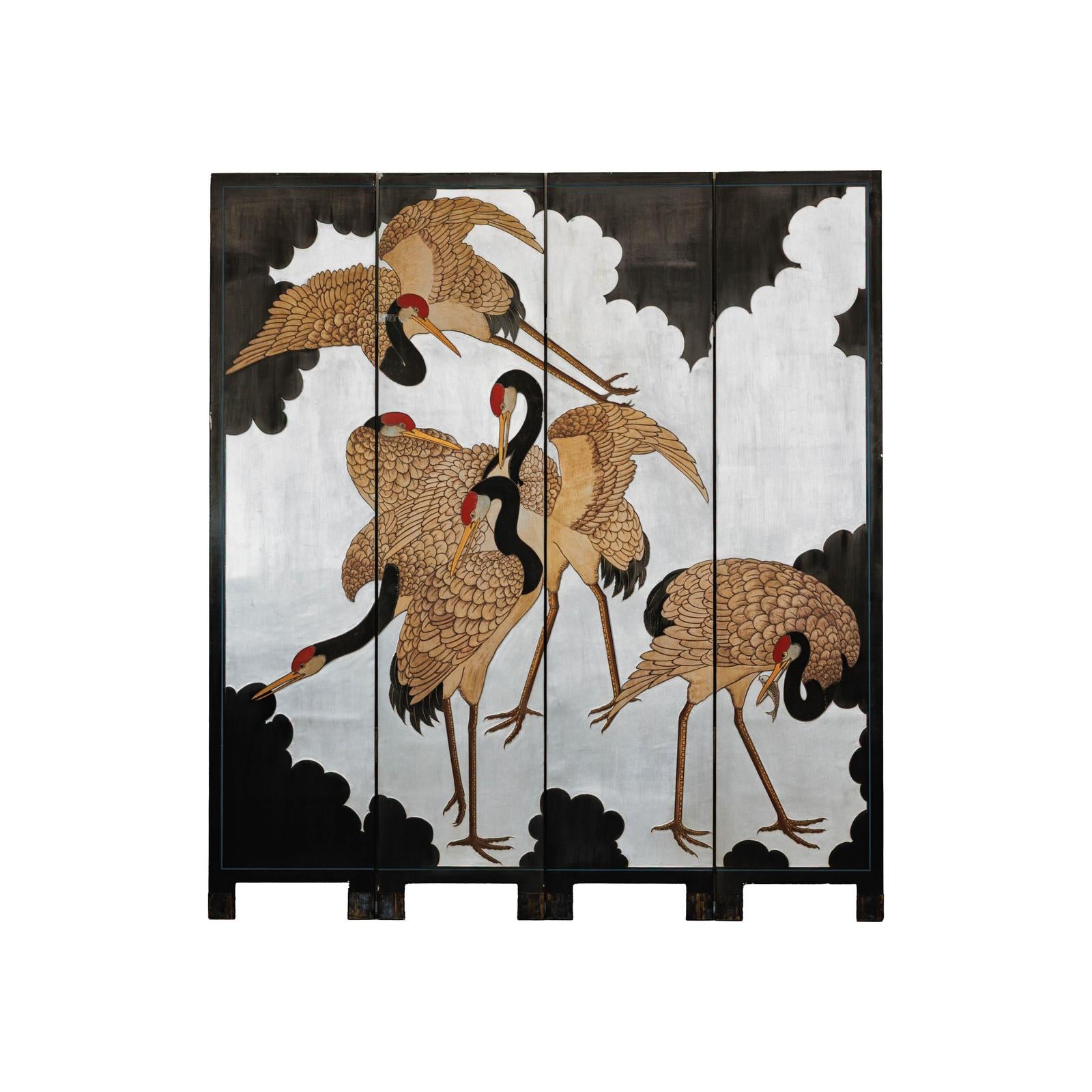 Vintage Four-Panel Screen with Silver Ground and Hand-Painted Cranes-18. Asian &amp; Chinese Furniture, Art, Antiques, Vintage Home Décor for sale at FEA Home