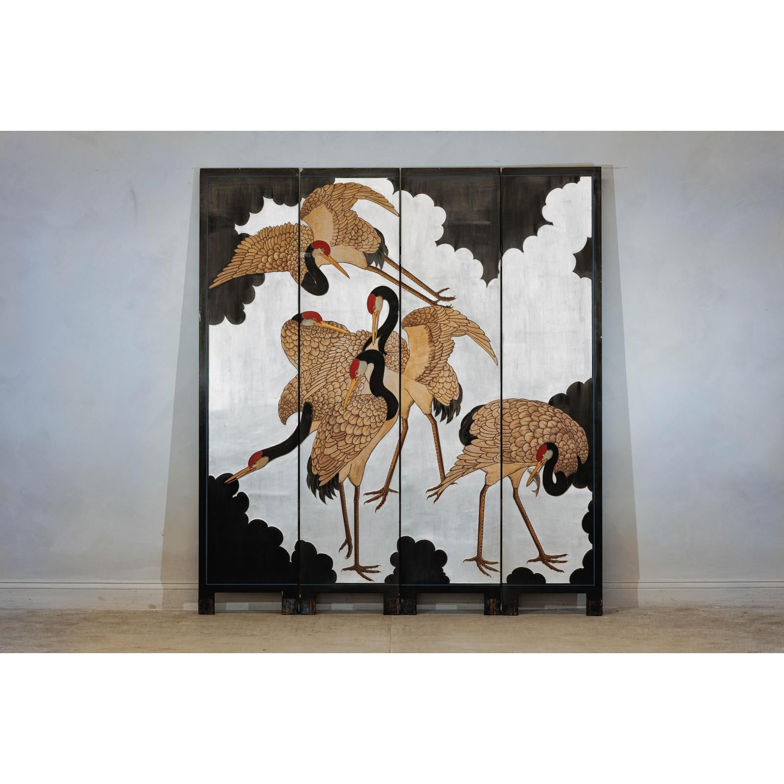 Vintage Four-Panel Screen with Silver Ground and Hand-Painted Cranes-2. Asian & Chinese Furniture, Art, Antiques, Vintage Home Décor for sale at FEA Home