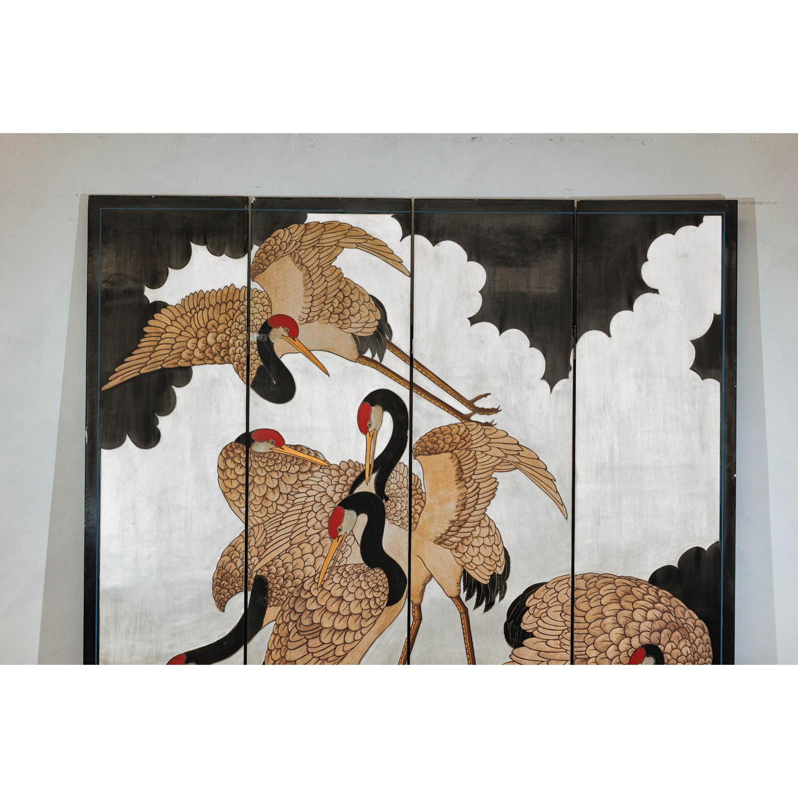 Vintage Four-Panel Screen with Silver Ground and Hand-Painted Cranes-3. Asian &amp; Chinese Furniture, Art, Antiques, Vintage Home Décor for sale at FEA Home