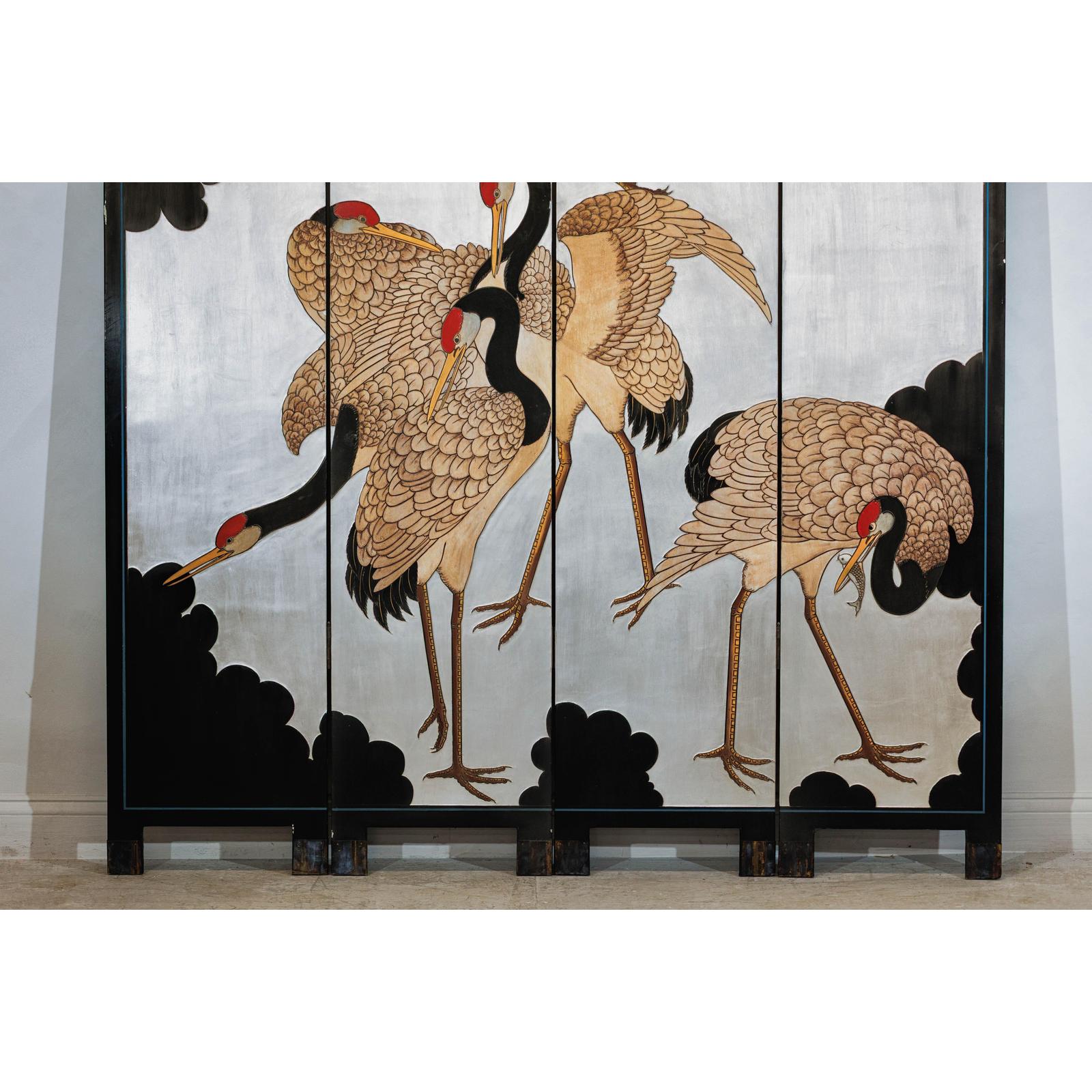 Vintage Four-Panel Screen with Silver Ground and Hand-Painted Cranes-4. Asian &amp; Chinese Furniture, Art, Antiques, Vintage Home Décor for sale at FEA Home